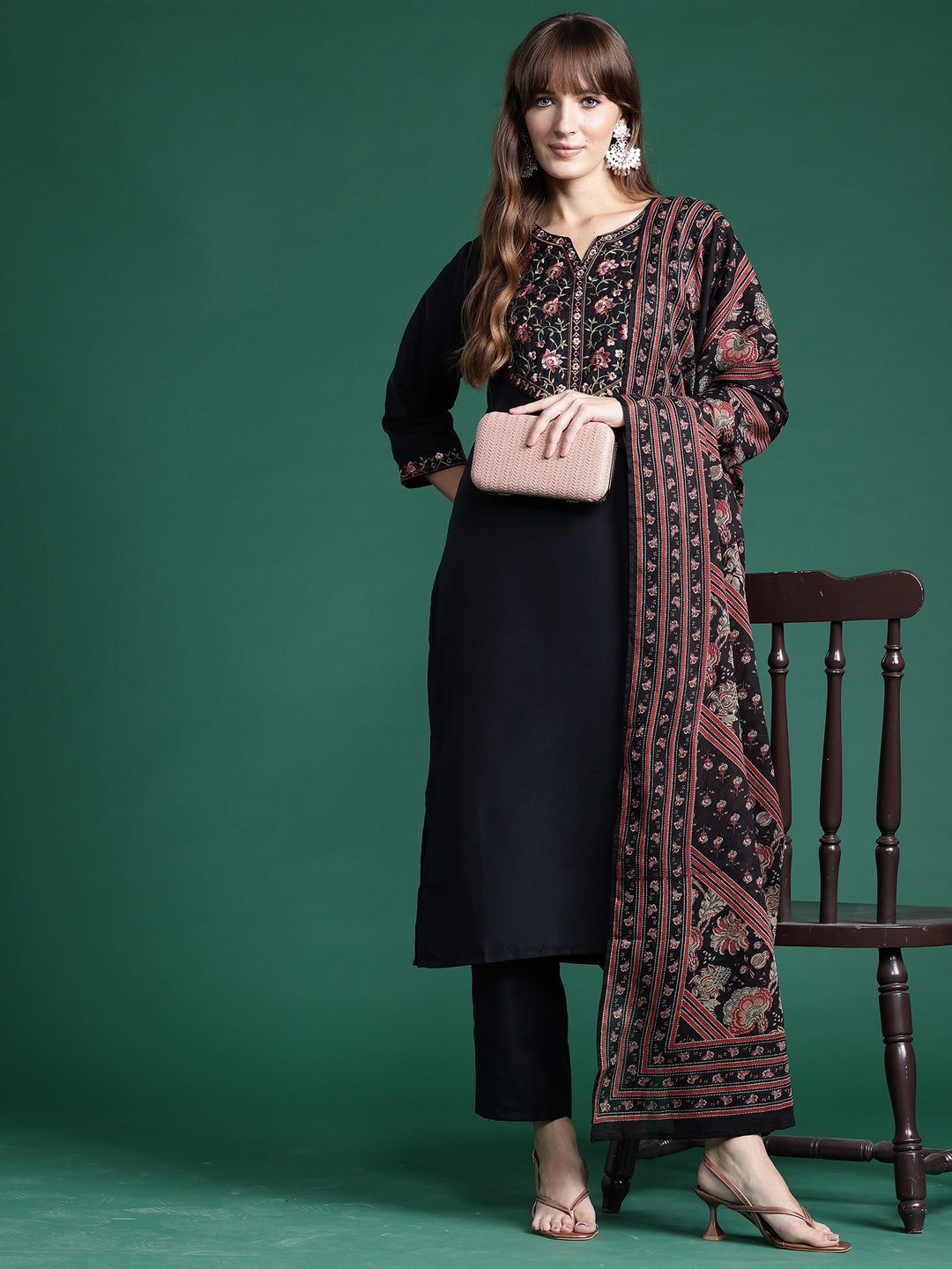 Indo Era Black Embroidered Straight Kurta Trousers With Dupatta Set