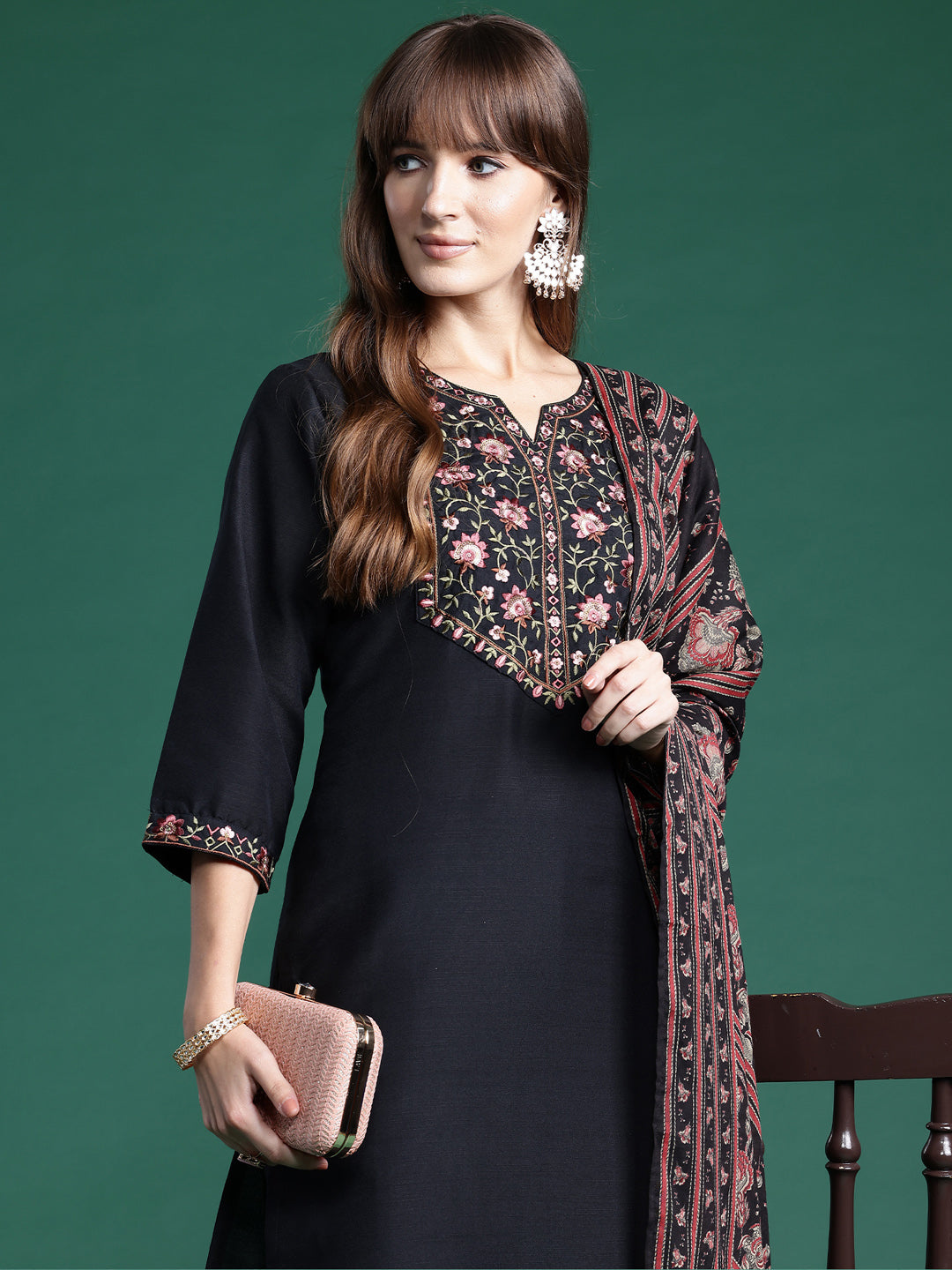 Indo Era Black Embroidered Straight Kurta Trousers With Dupatta Set