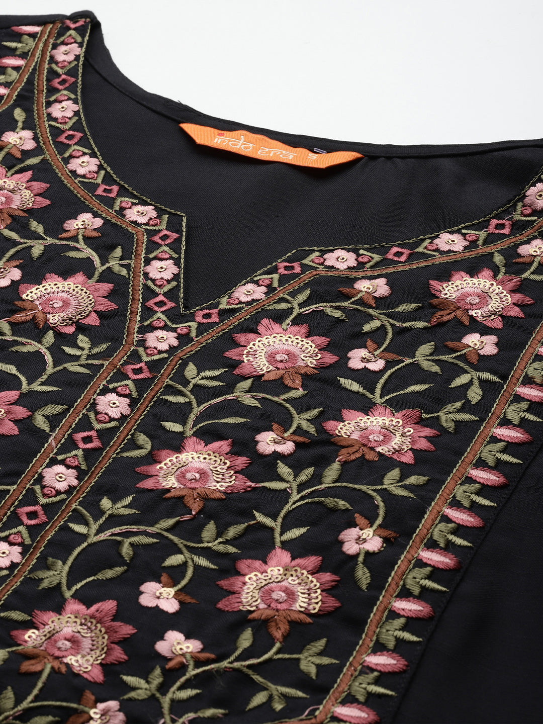 Indo Era Black Embroidered Straight Kurta Trousers With Dupatta Set