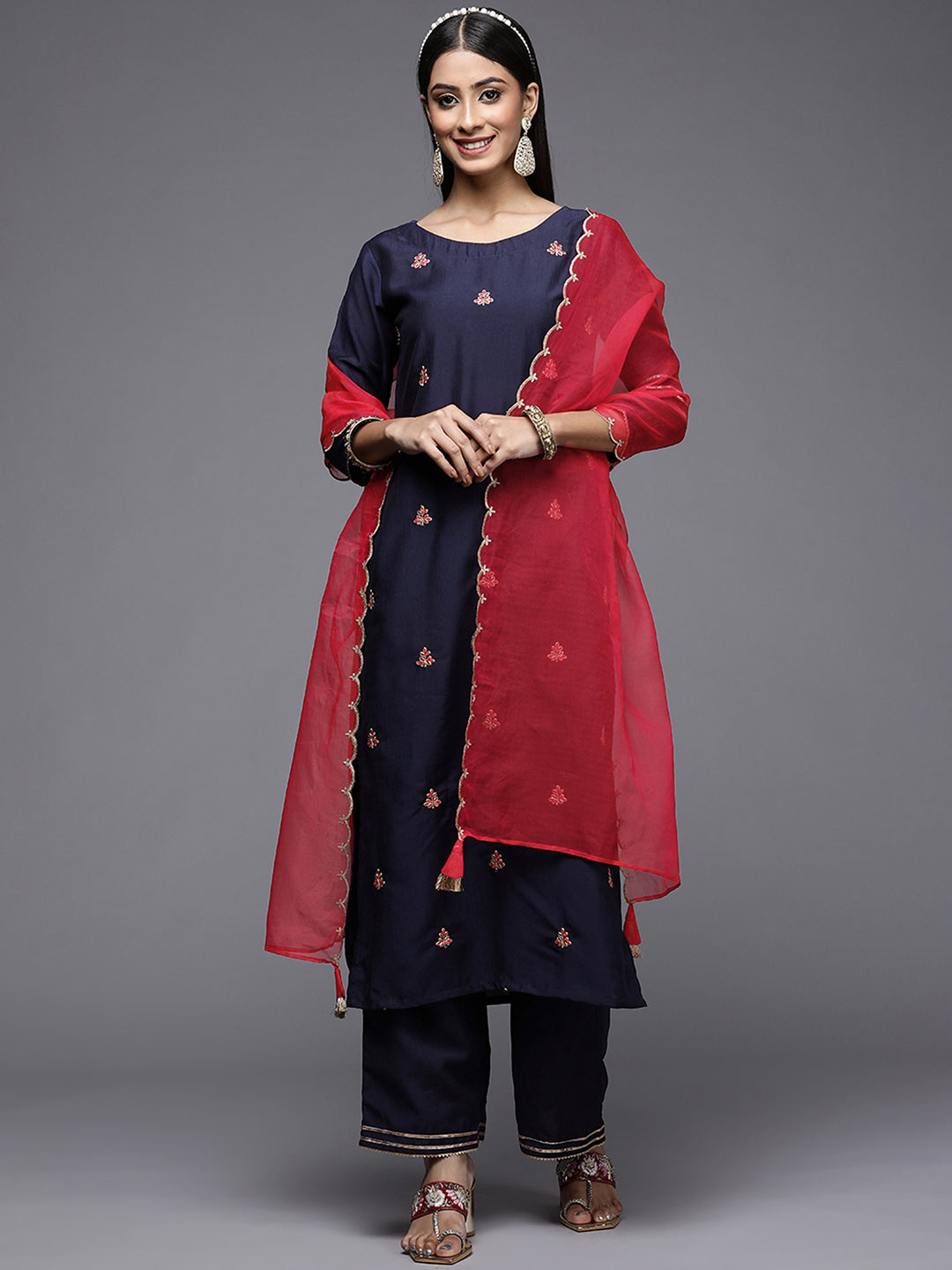Indo Era Blue Embroidered Straight Kurta Palazzos With Dupatta Set