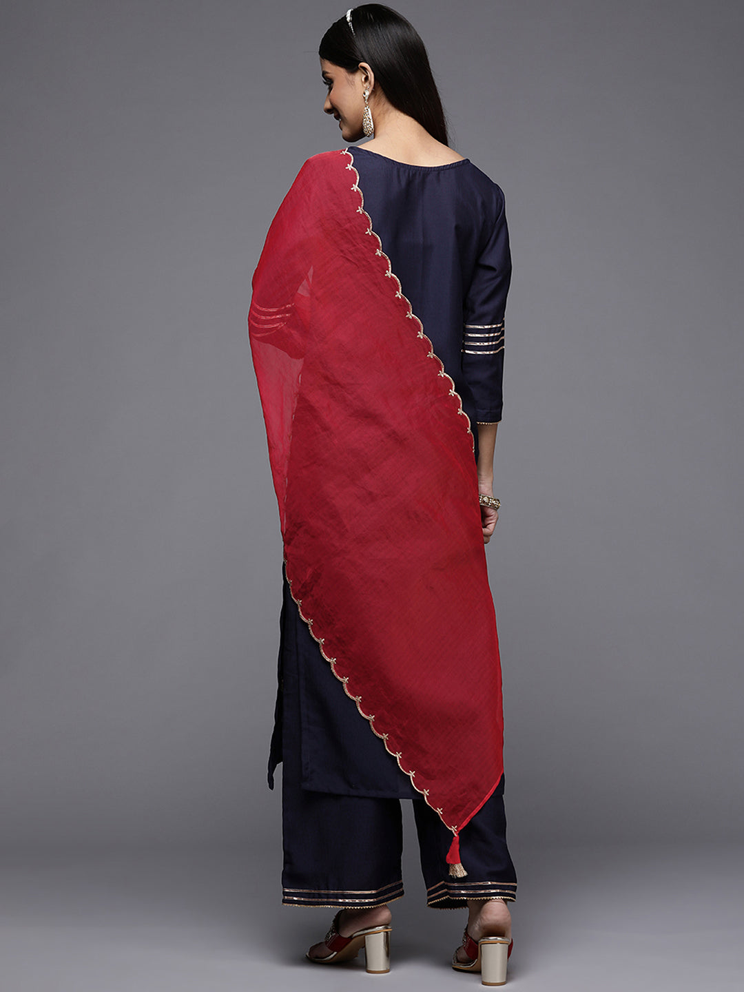 Indo Era Blue Embroidered Straight Kurta Palazzos With Dupatta Set