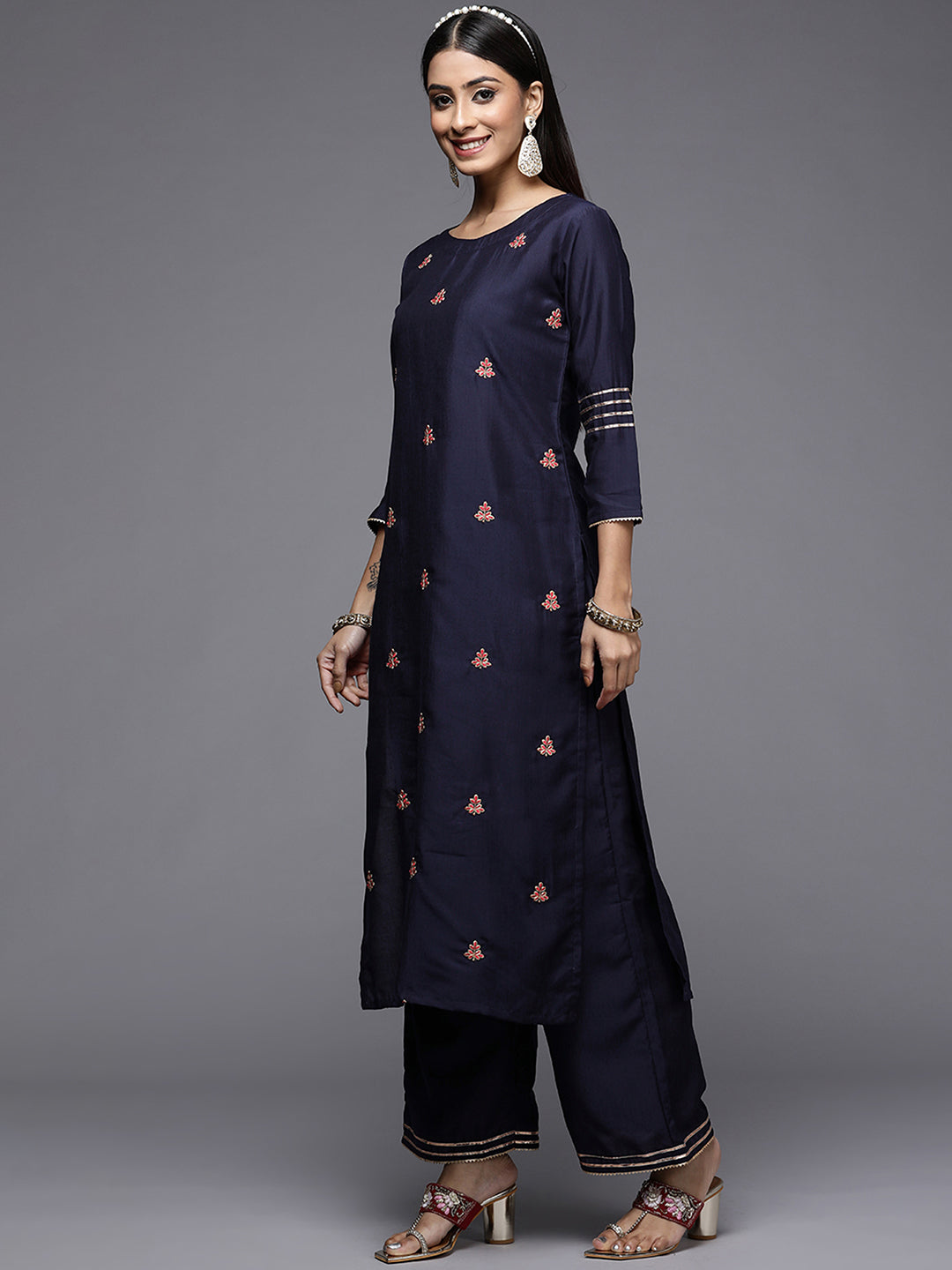 Indo Era Blue Embroidered Straight Kurta Palazzos With Dupatta Set
