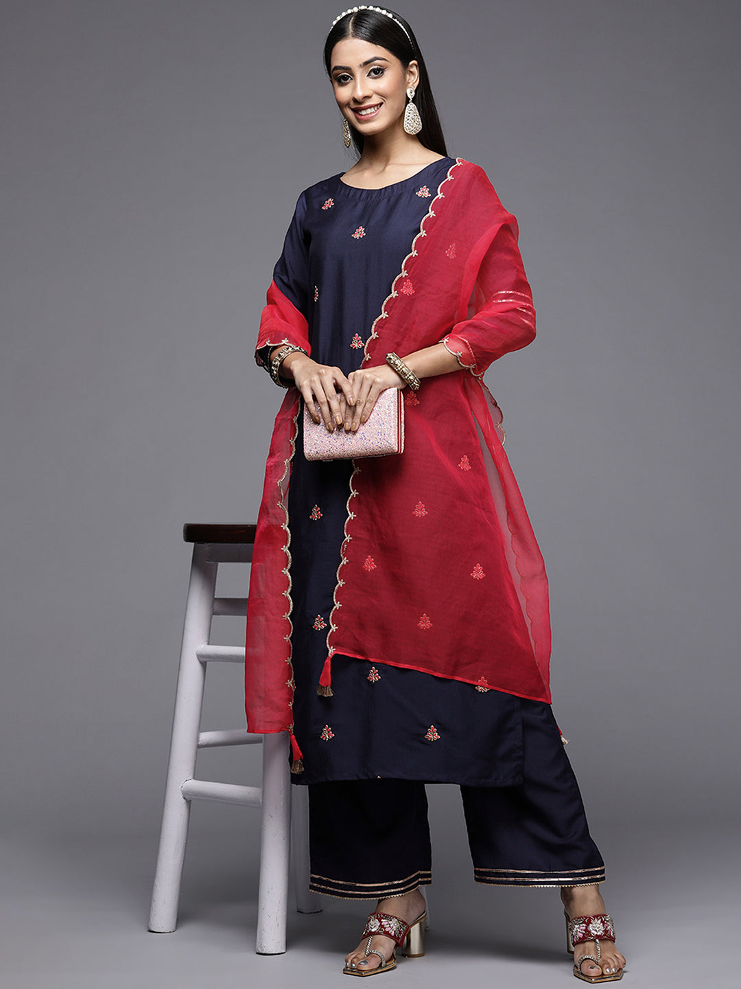 Indo Era Blue Embroidered Straight Kurta Palazzos With Dupatta Set