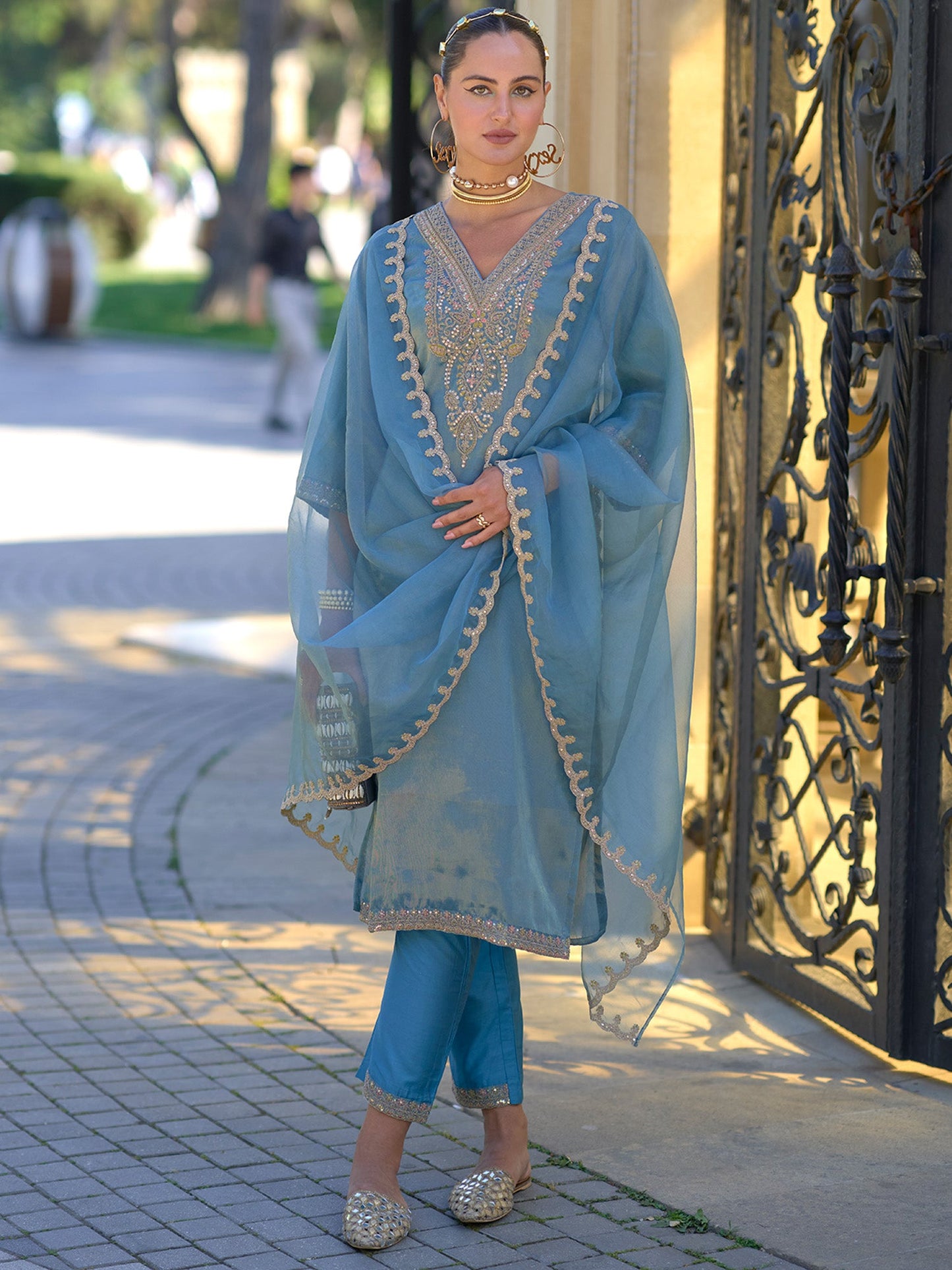 Indo Era Blue Embroidered Straight Kurta Trousers With Dupatta set