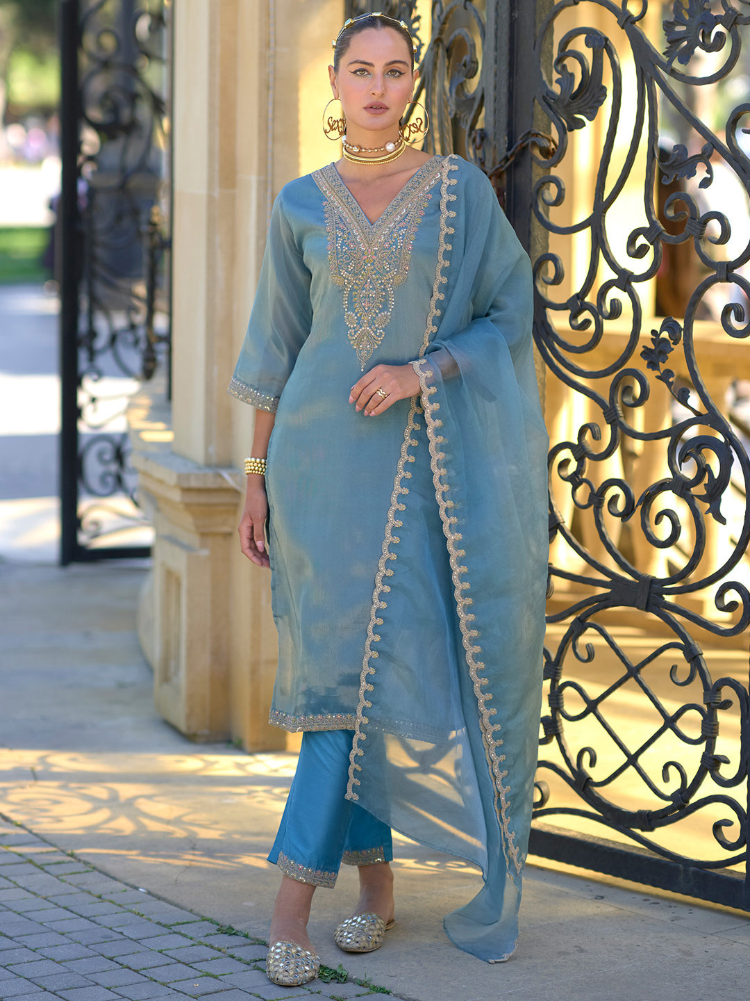 Indo Era Blue Embroidered Straight Kurta Trousers With Dupatta set