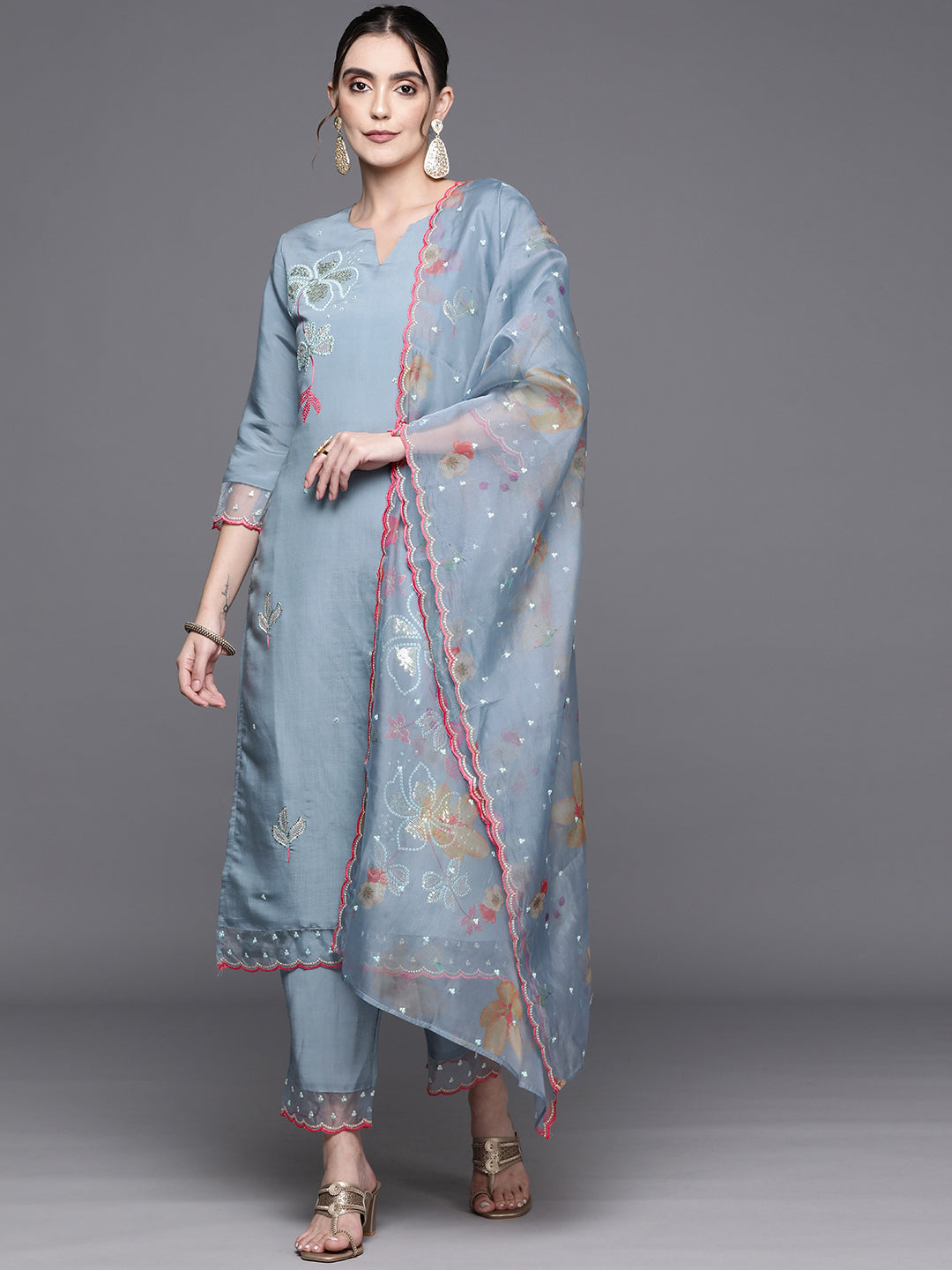 Indo Era Blue Embroidered Straight Kurta Trousers With Dupatta Set