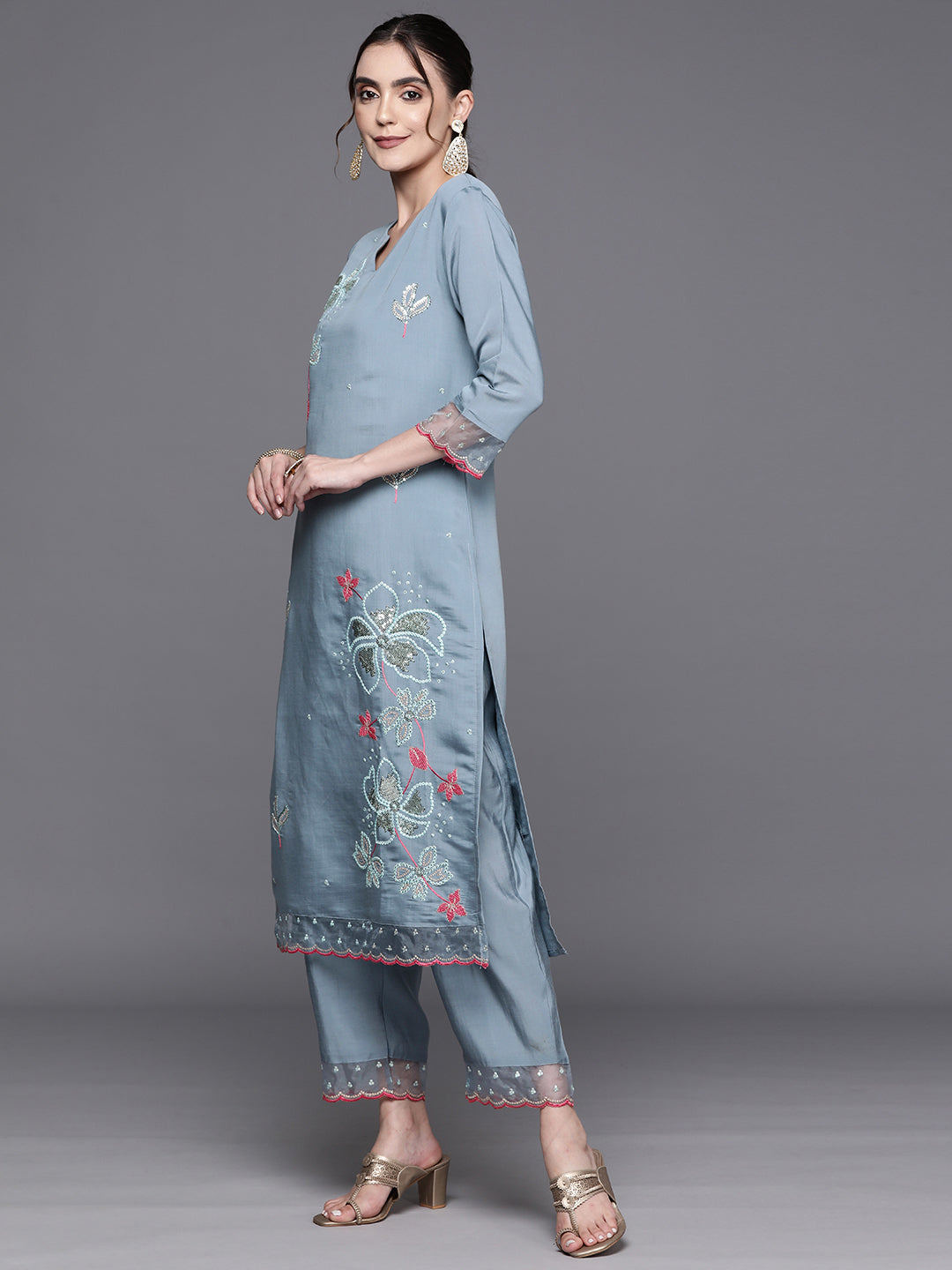 Indo Era Blue Embroidered Straight Kurta Trousers With Dupatta Set