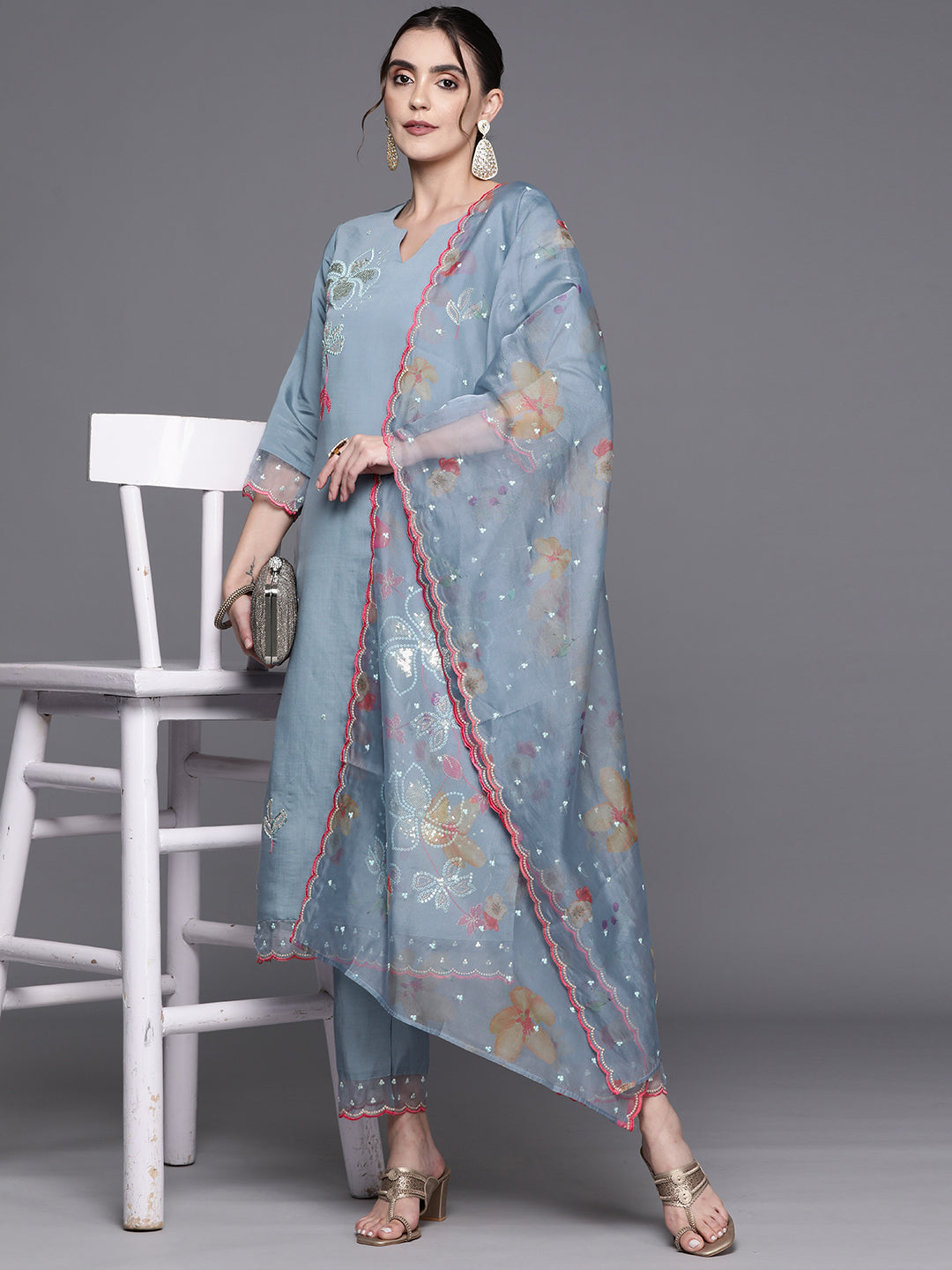 Indo Era Blue Embroidered Straight Kurta Trousers With Dupatta Set