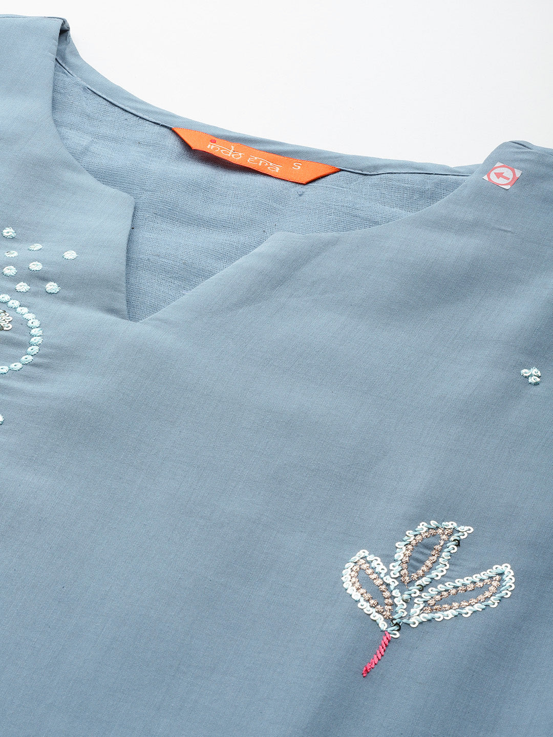 Indo Era Blue Embroidered Straight Kurta Trousers With Dupatta Set