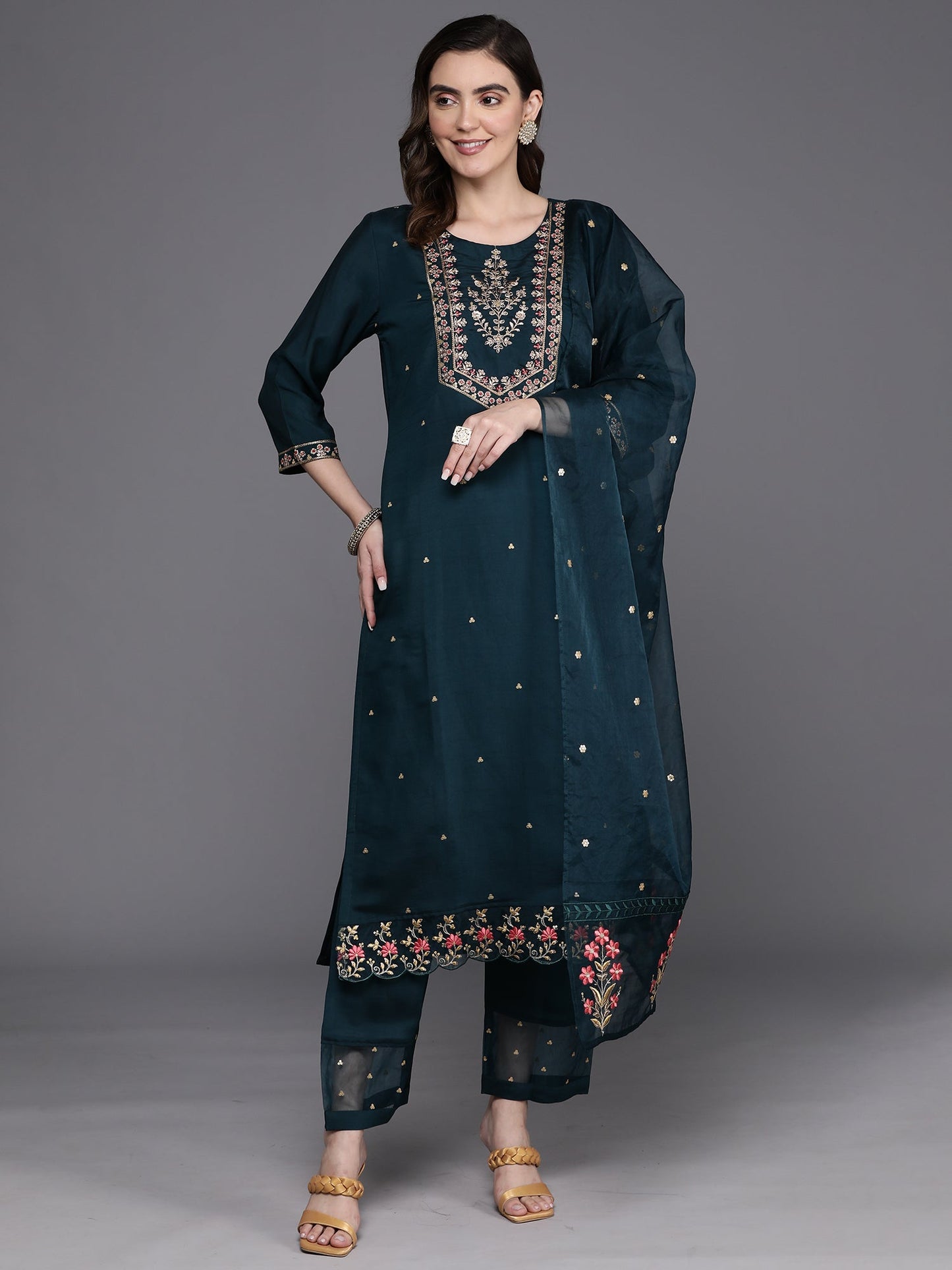 Indo Era Blue Embroidered Straight Kurta Trousers With Dupatta Set