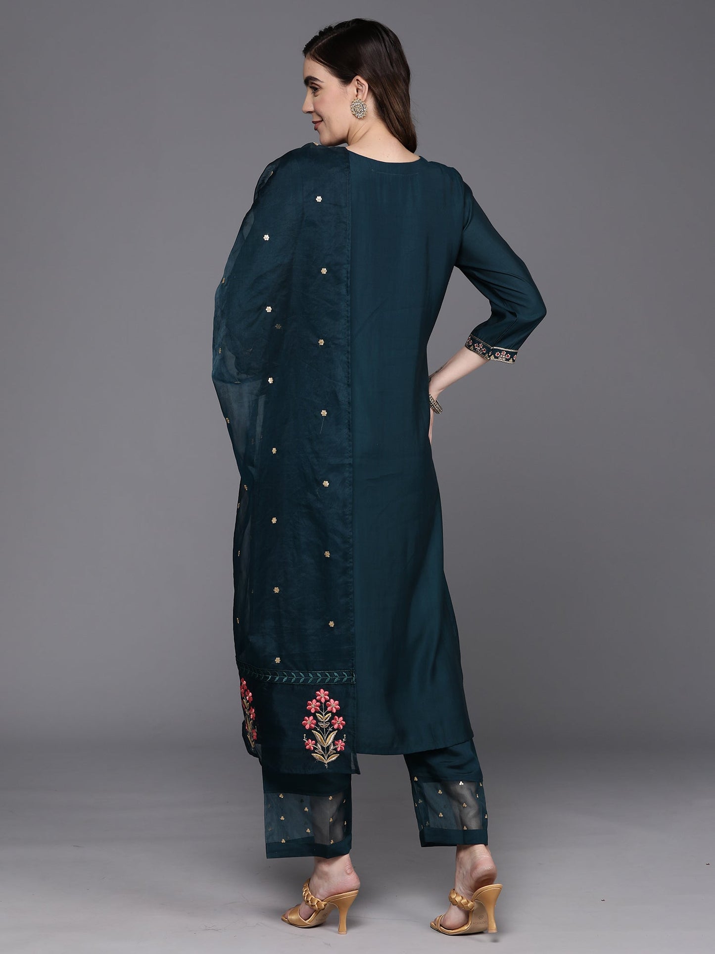 Indo Era Blue Embroidered Straight Kurta Trousers With Dupatta Set