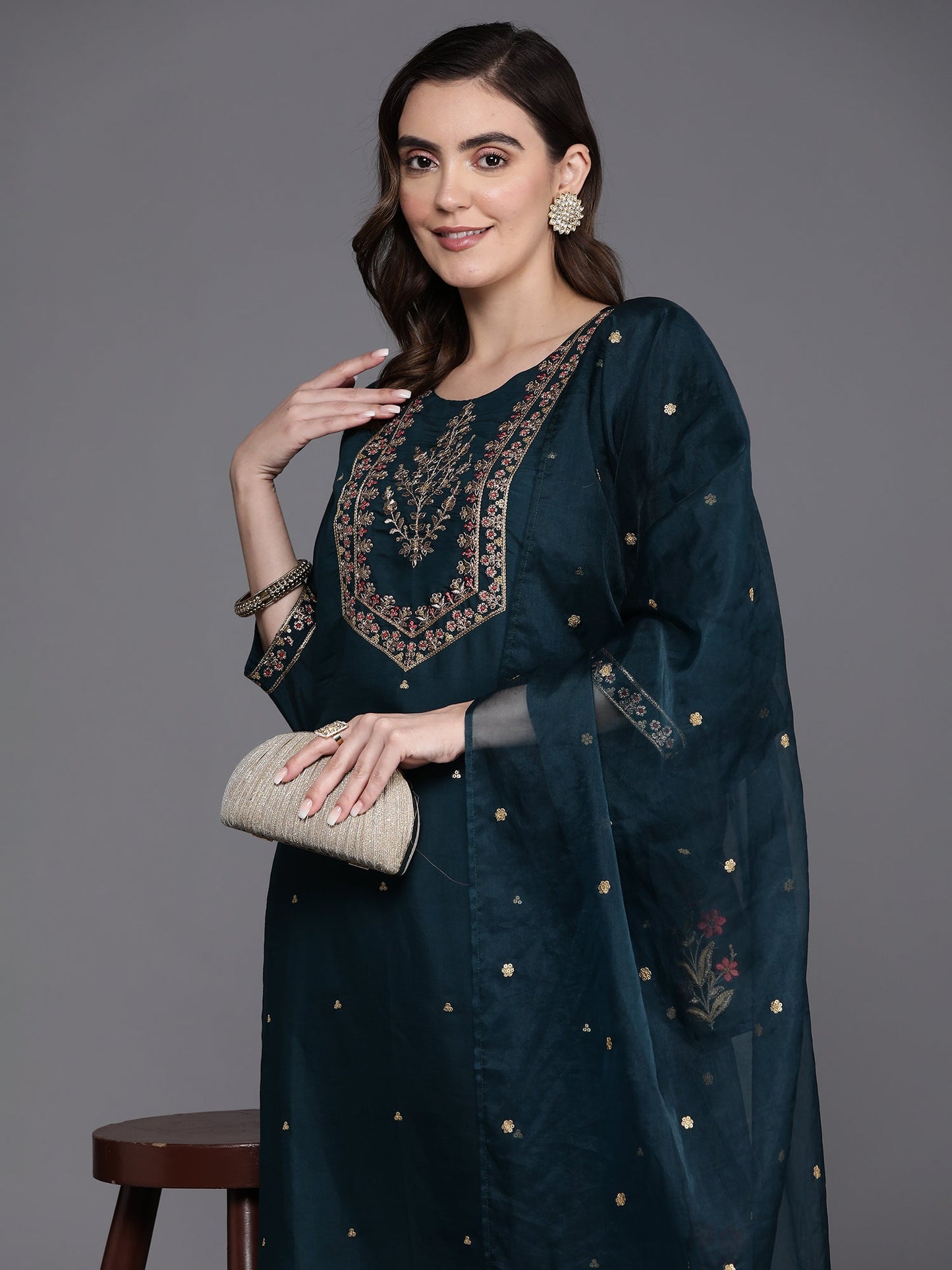 Indo Era Blue Embroidered Straight Kurta Trousers With Dupatta Set