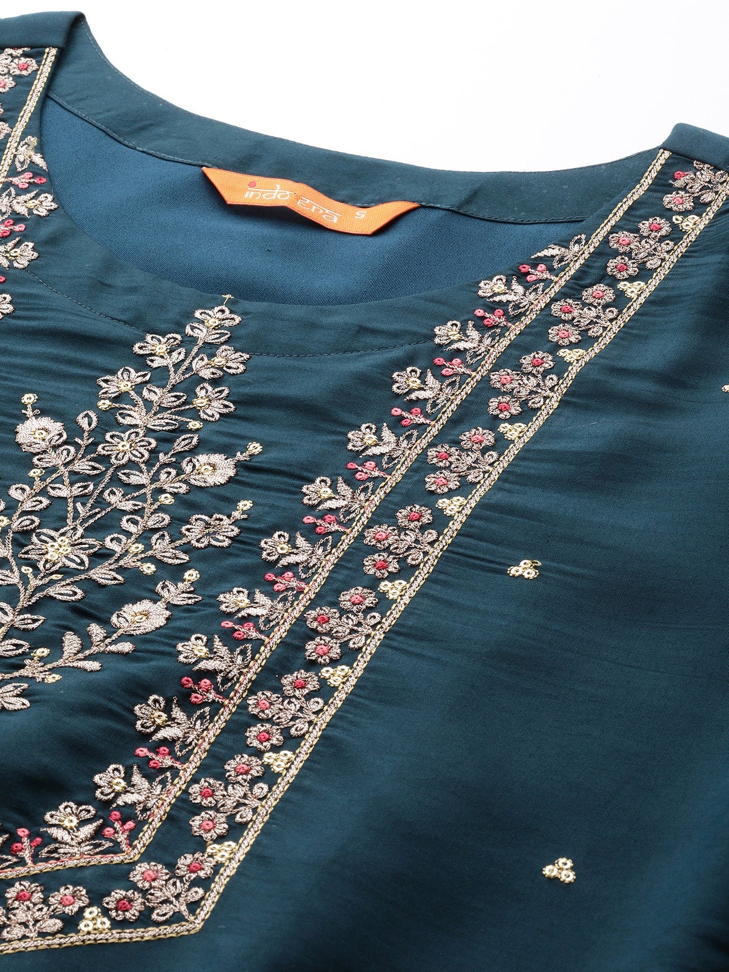 Indo Era Blue Embroidered Straight Kurta Trousers With Dupatta Set