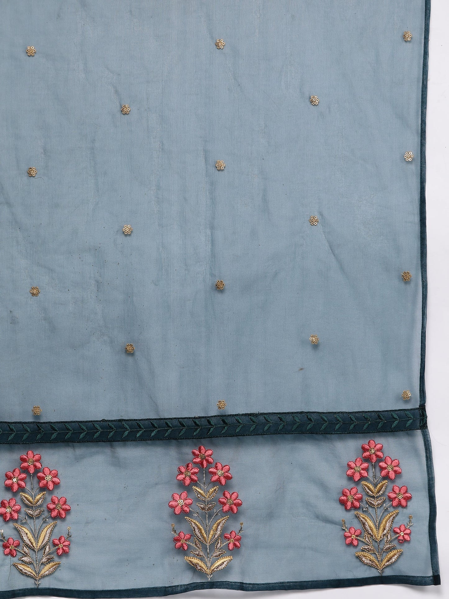 Indo Era Blue Embroidered Straight Kurta Trousers With Dupatta Set