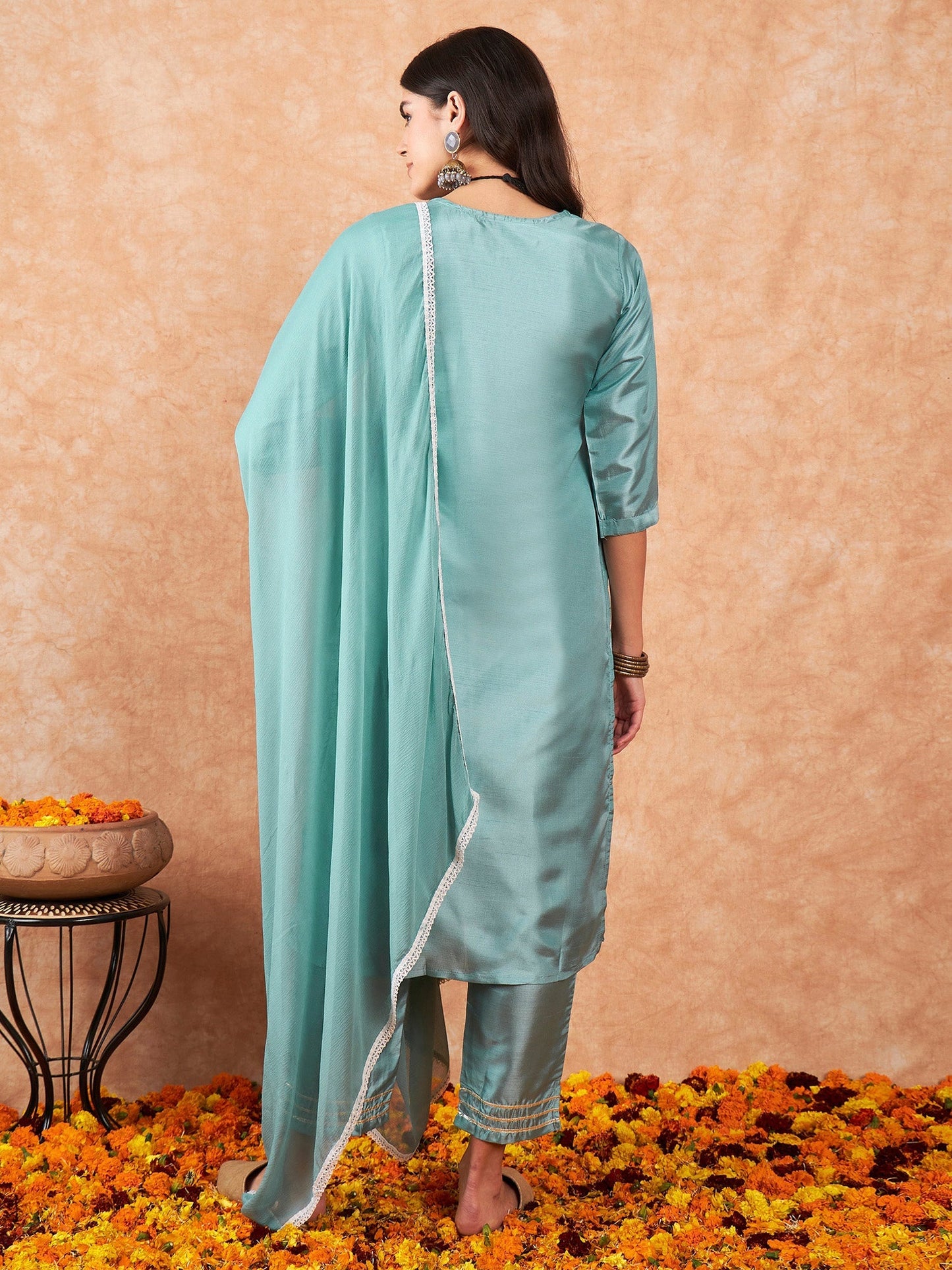 Indo Era Blue Embroidered Straight Kurta Trousers With Dupatta Set