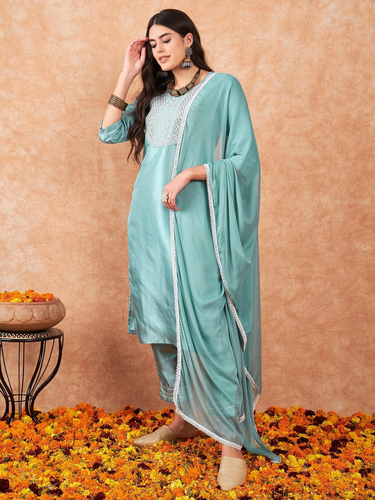 Indo Era Blue Embroidered Straight Kurta Trousers With Dupatta Set