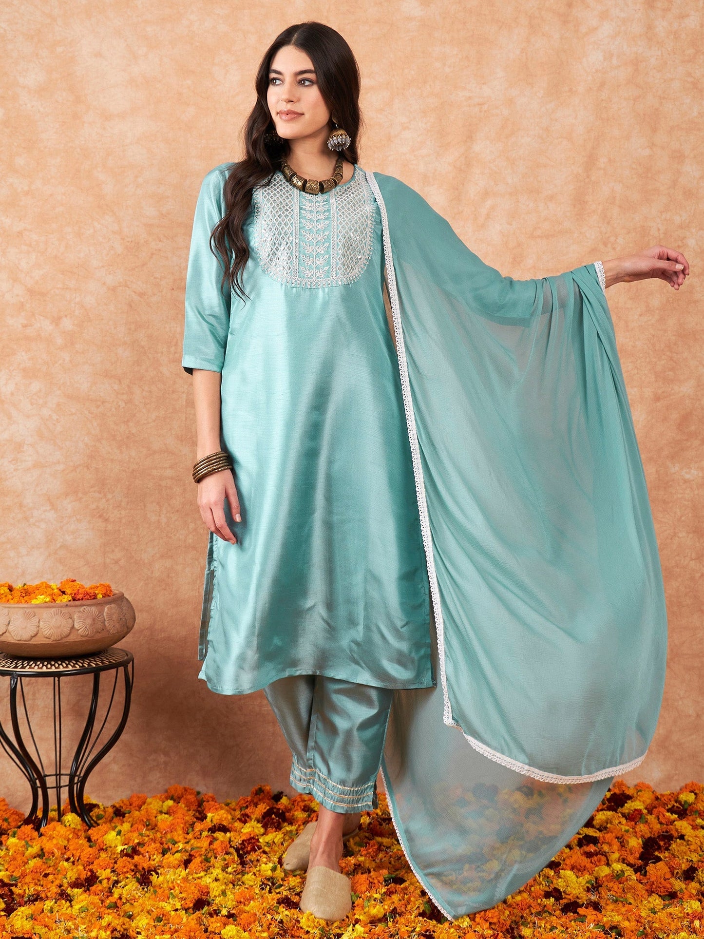 Indo Era Blue Embroidered Straight Kurta Trousers With Dupatta Set