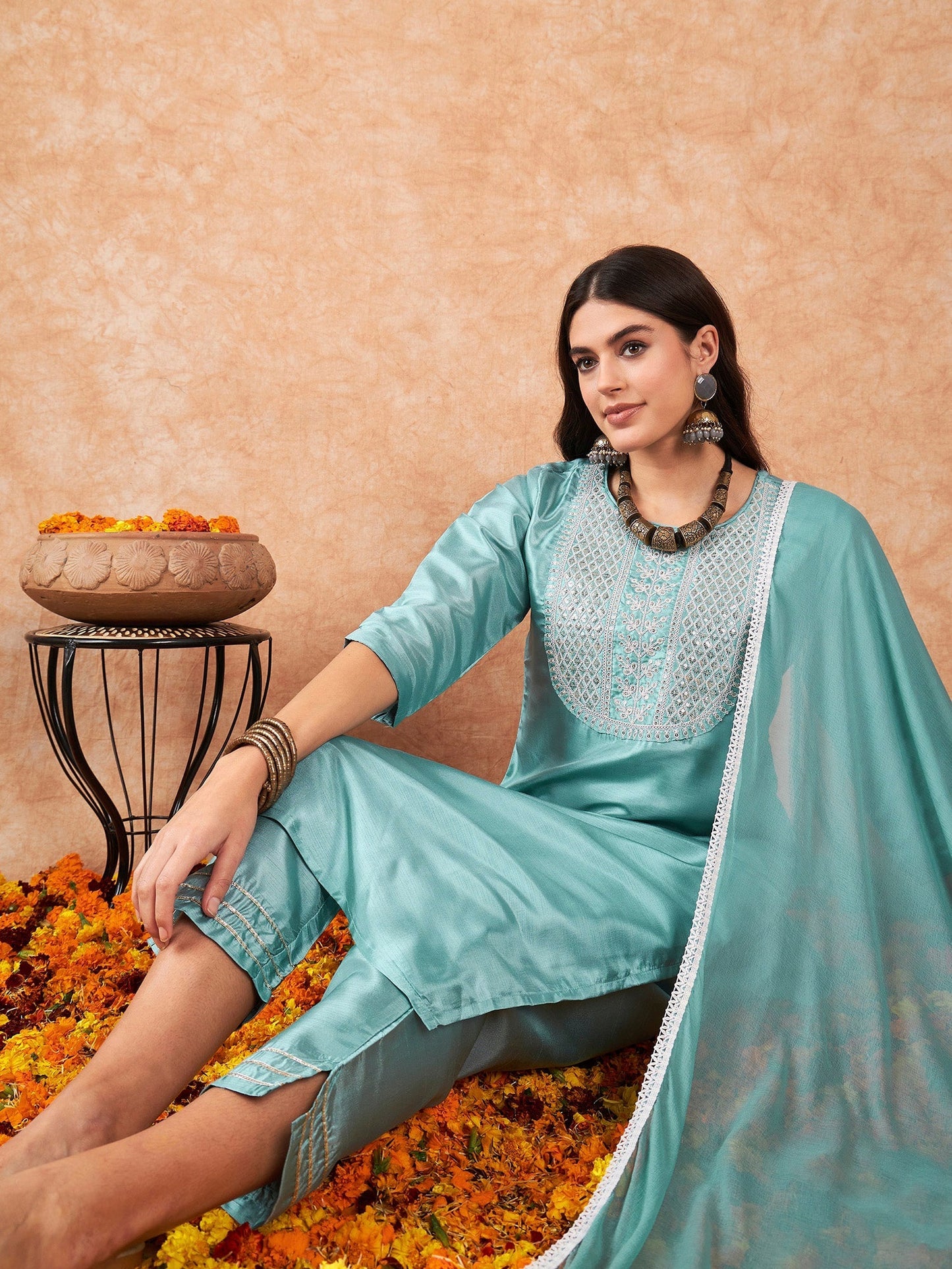 Indo Era Blue Embroidered Straight Kurta Trousers With Dupatta Set