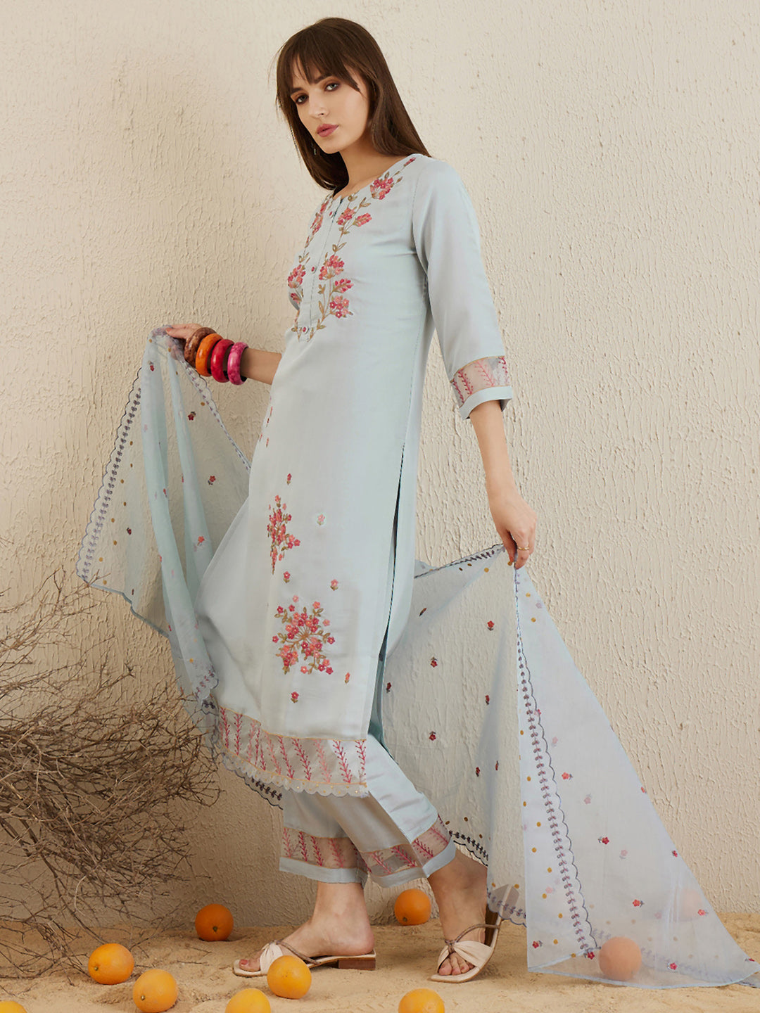 Indo Era Blue Embroidered Straight Kurta Trousers With Dupatta set