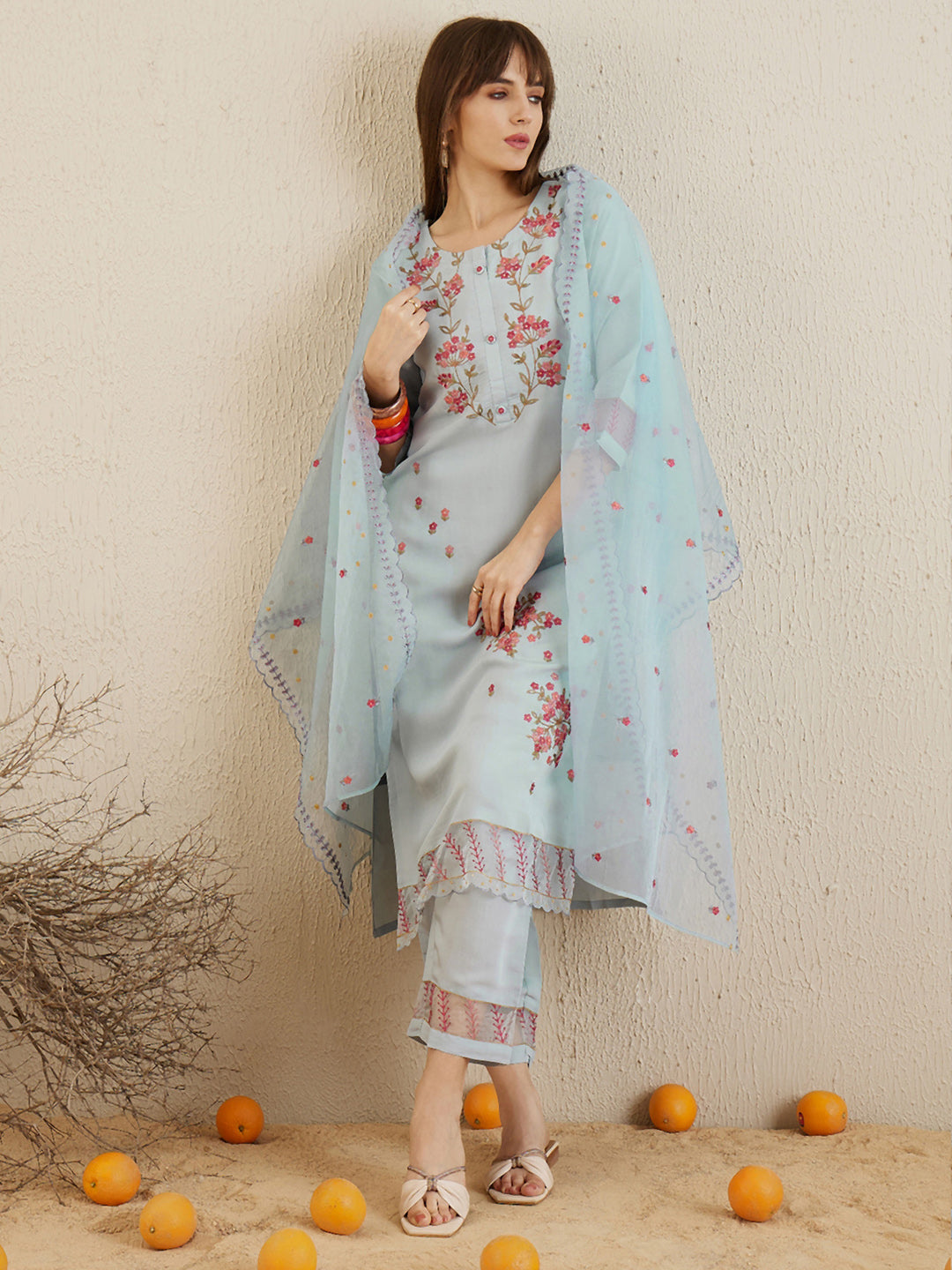 Indo Era Blue Embroidered Straight Kurta Trousers With Dupatta set