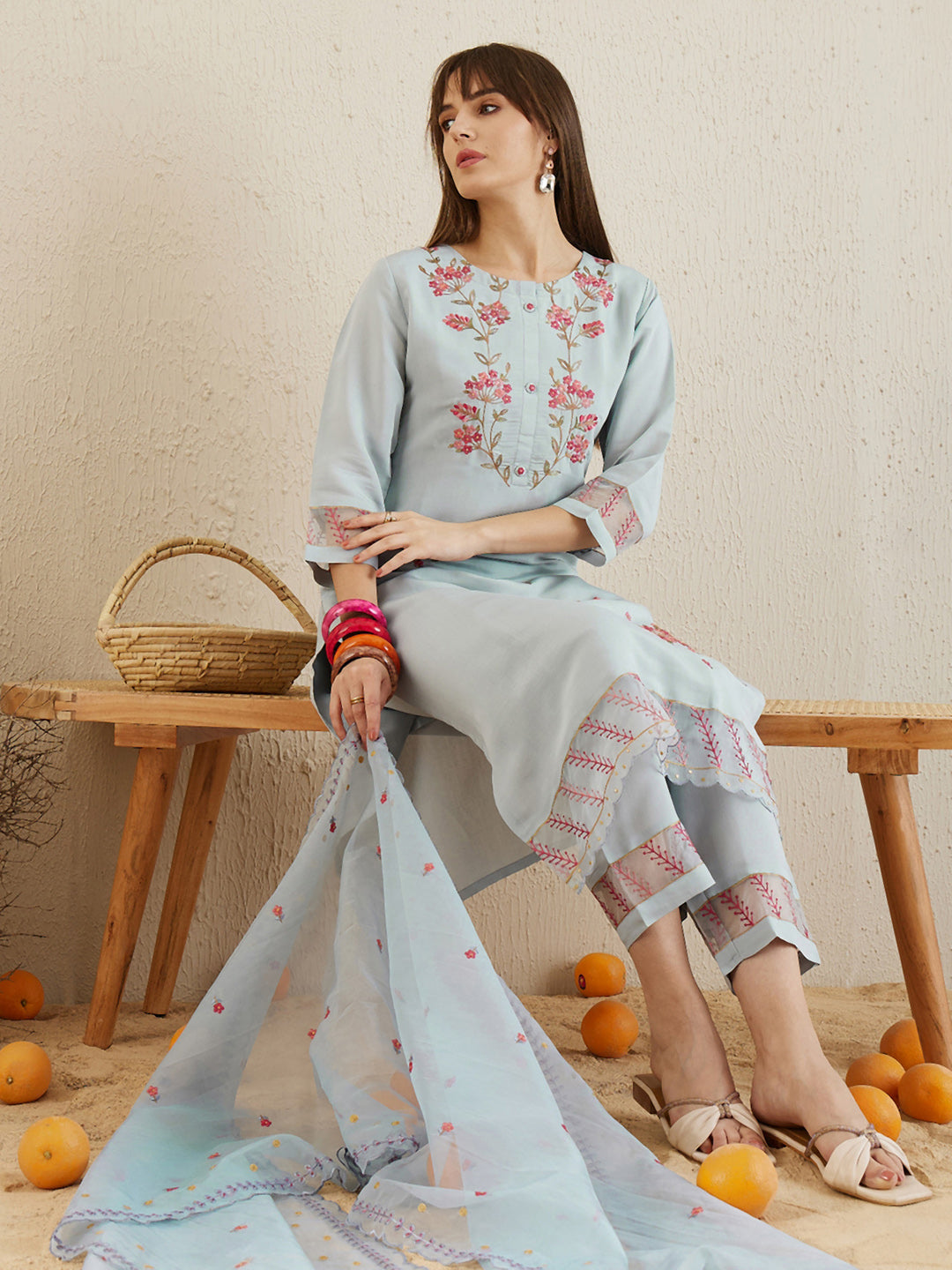 Indo Era Blue Embroidered Straight Kurta Trousers With Dupatta set