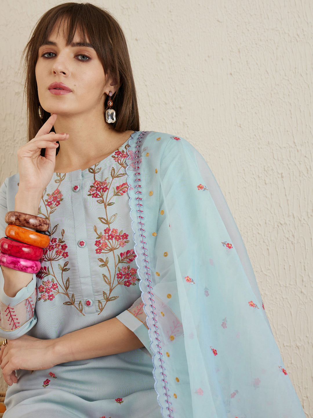 Indo Era Blue Embroidered Straight Kurta Trousers With Dupatta set