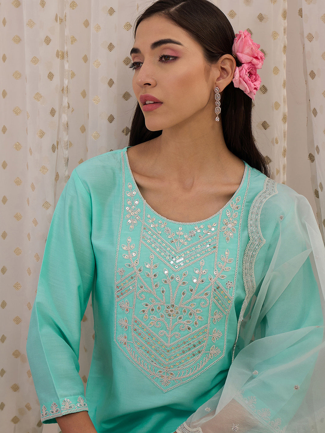 Indo Era Blue Embroidered Straight Kurta Trousers With Dupatta set