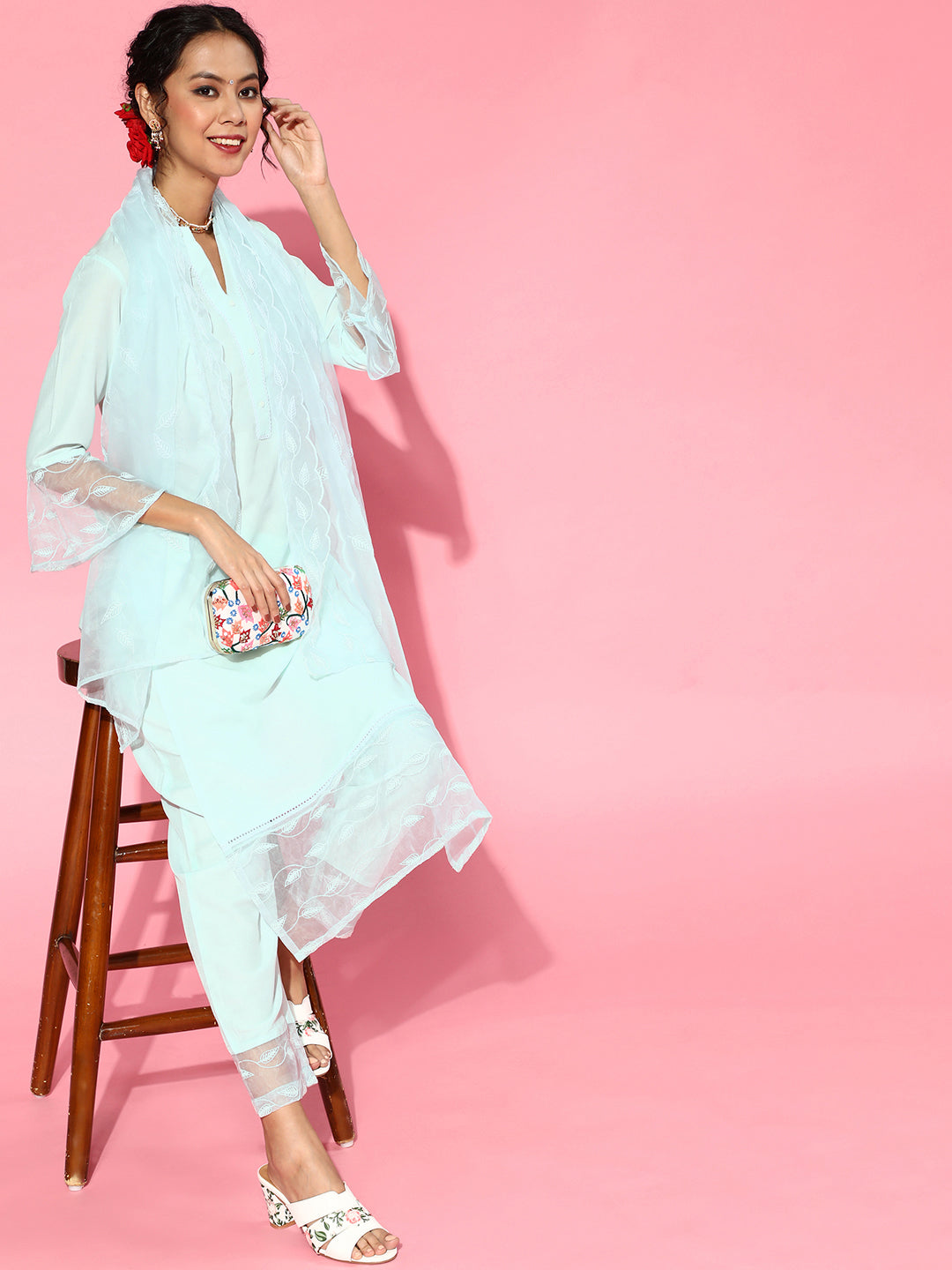 Blue Solid Straight Kurta Trouser Set