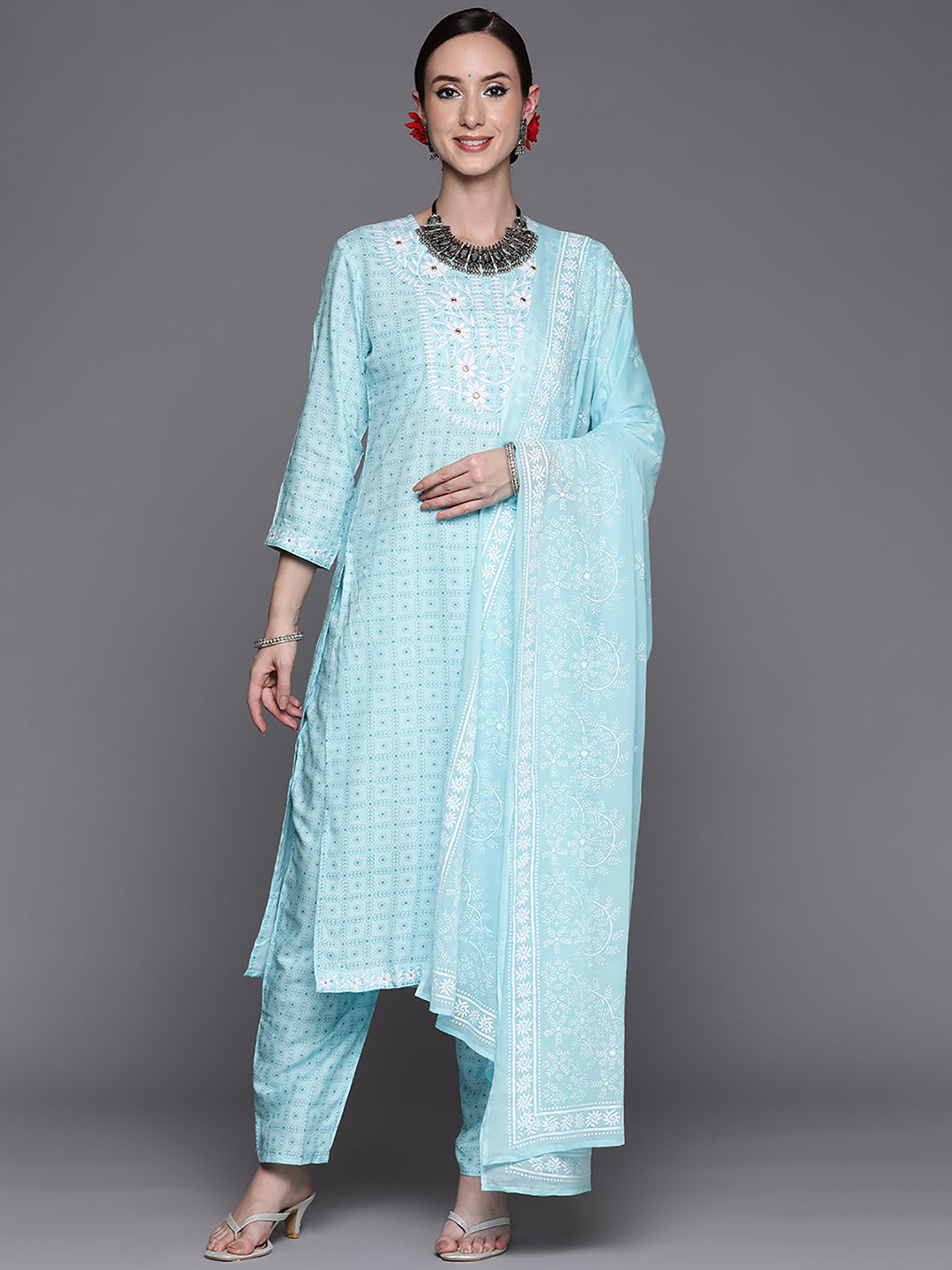 Indo Era Blue Embroidered Straight Kurta Trousers With Dupatta Set