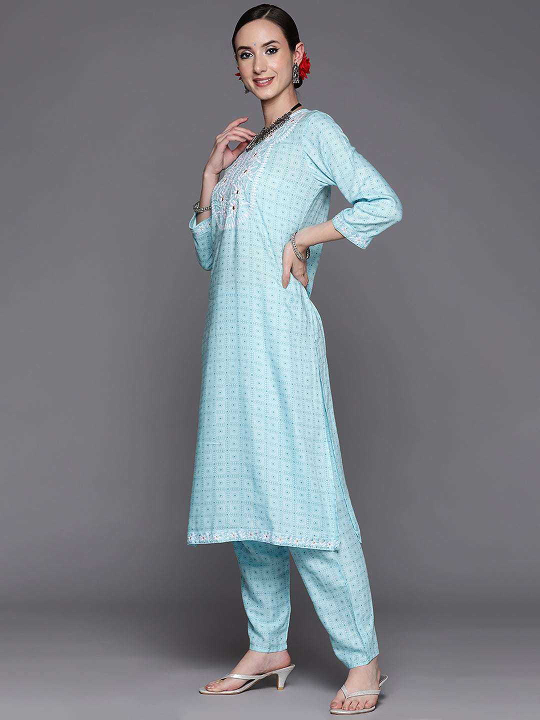 Indo Era Blue Embroidered Straight Kurta Trousers With Dupatta Set