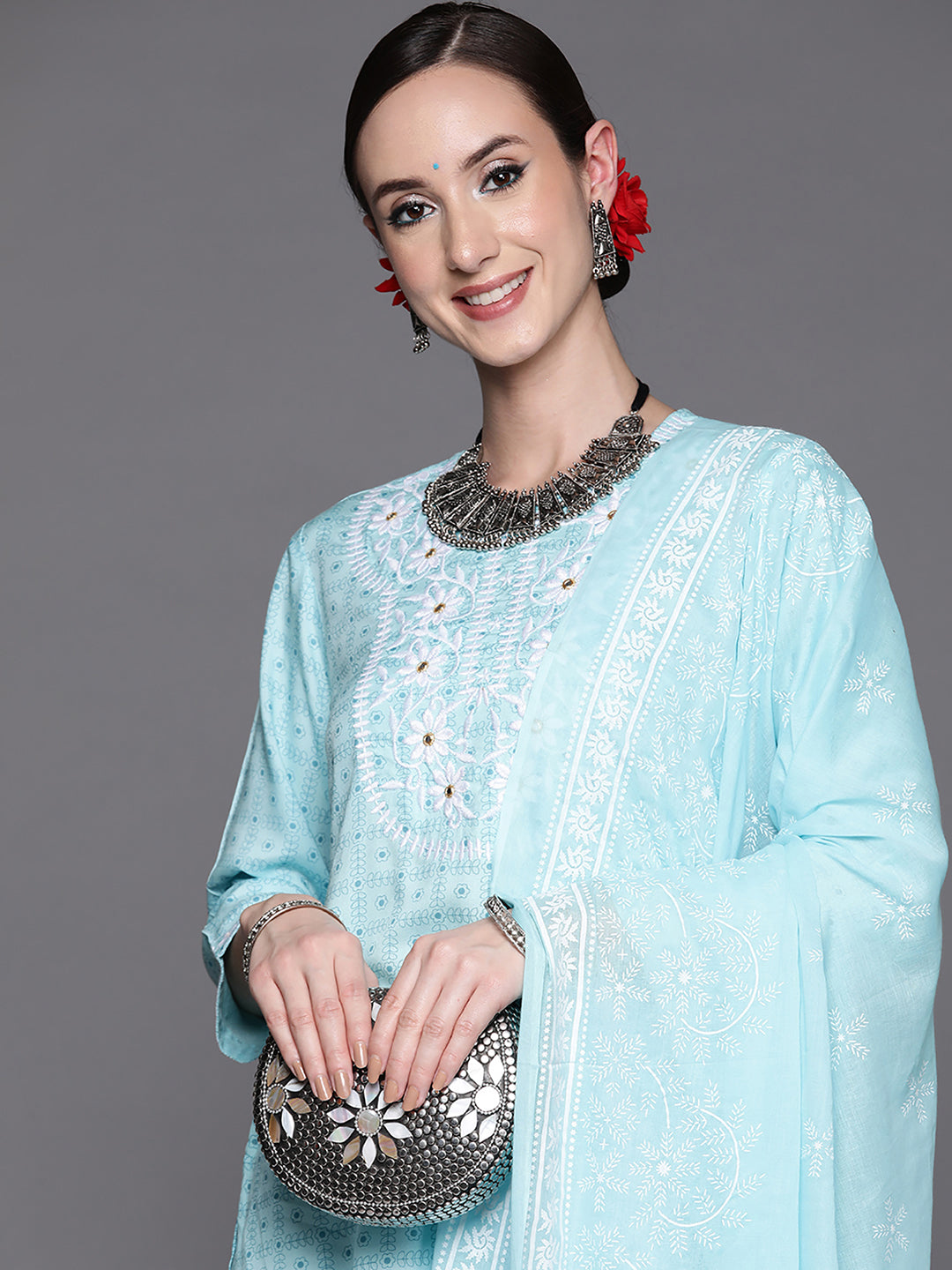 Indo Era Blue Embroidered Straight Kurta Trousers With Dupatta Set
