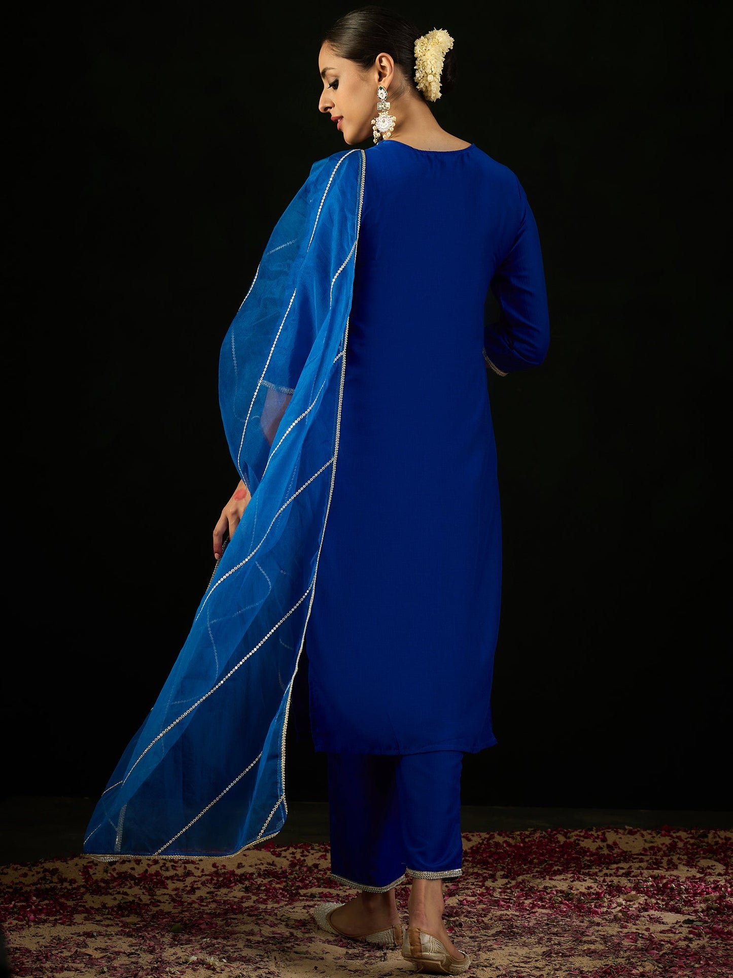 Indo Era Blue Embroidered Straight Kurta Trousers With Dupatta set