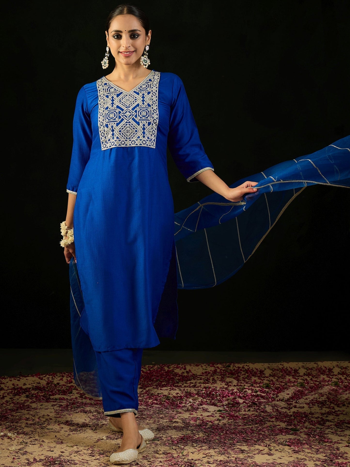 Indo Era Blue Embroidered Straight Kurta Trousers With Dupatta set