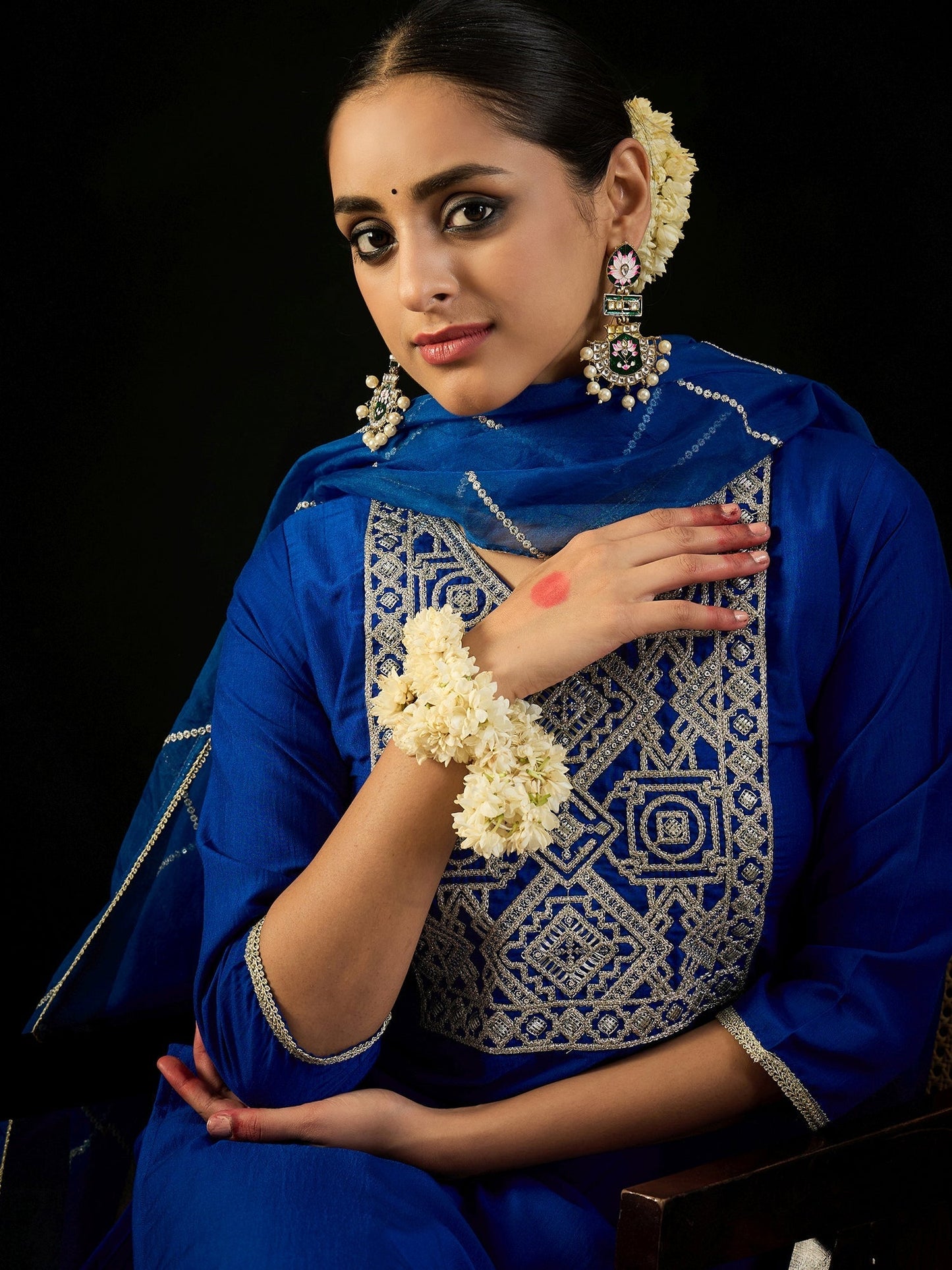 Indo Era Blue Embroidered Straight Kurta Trousers With Dupatta set