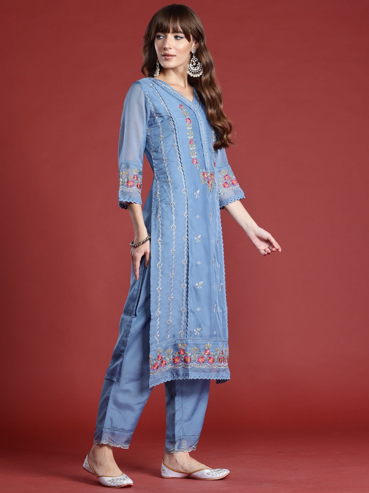 Indo Era Blue Embroidered Straight Kurta Trousers With Dupatta Set