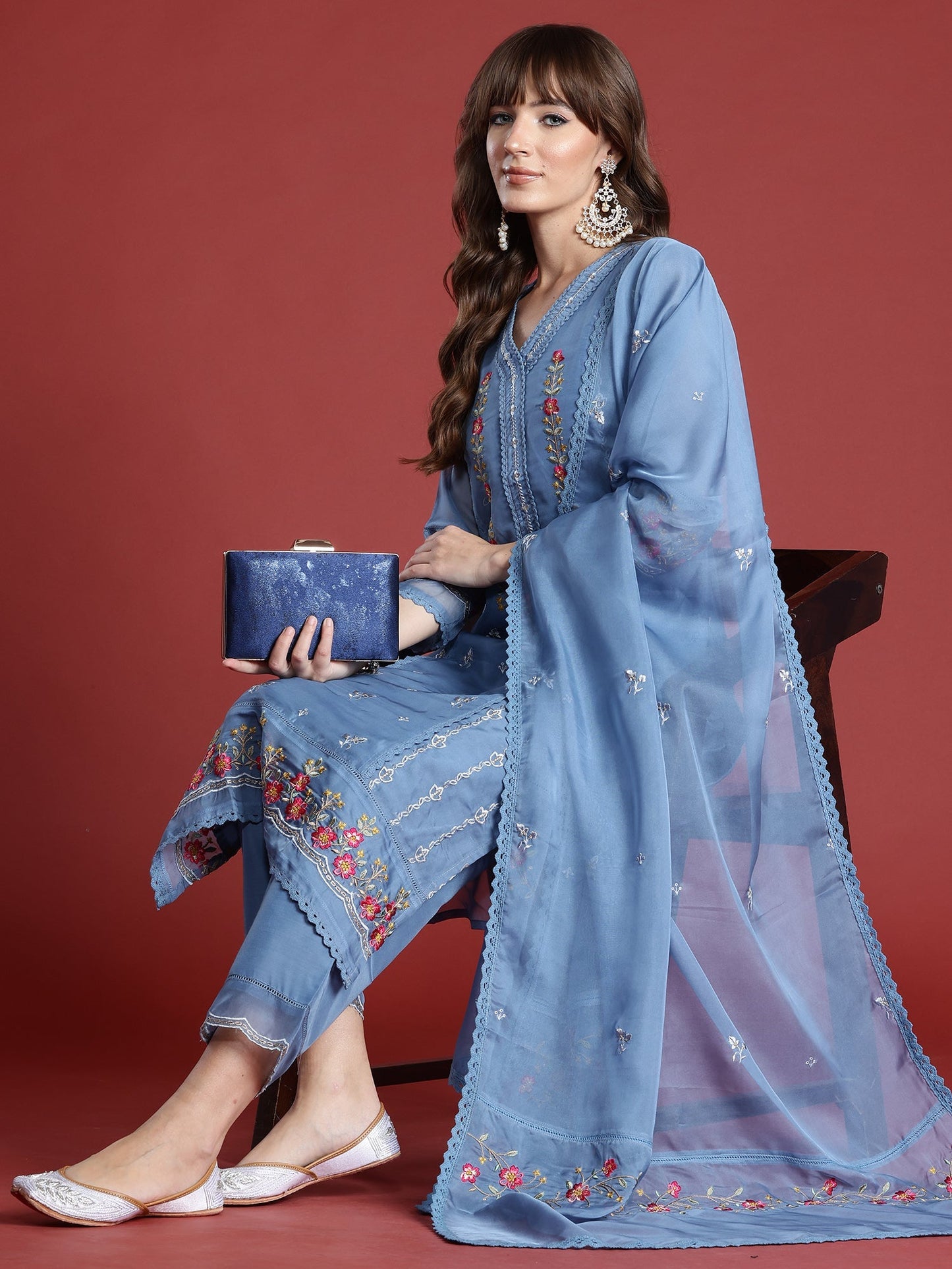 Indo Era Blue Embroidered Straight Kurta Trousers With Dupatta Set