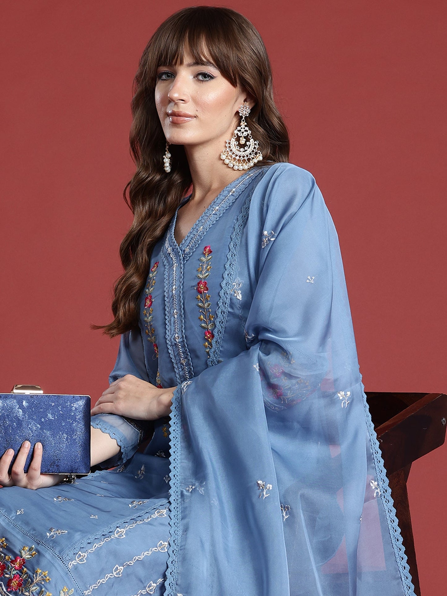 Indo Era Blue Embroidered Straight Kurta Trousers With Dupatta Set