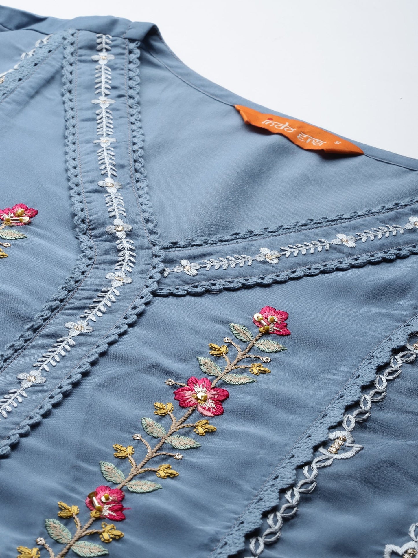Indo Era Blue Embroidered Straight Kurta Trousers With Dupatta Set