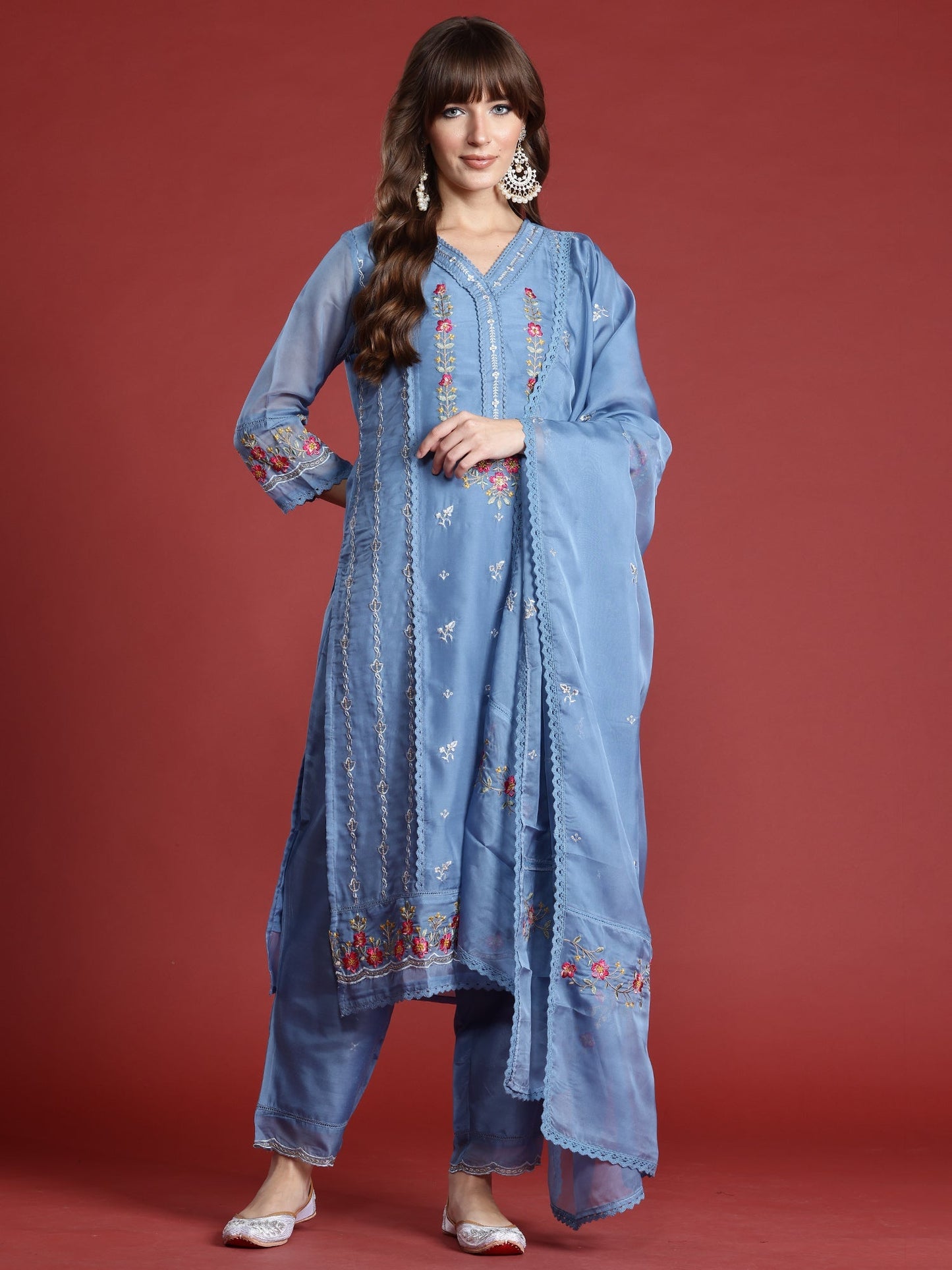 Indo Era Blue Embroidered Straight Kurta Trousers With Dupatta Set