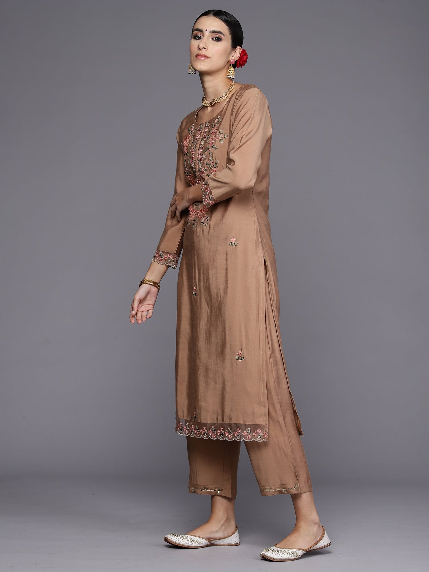 Brown Embroidered Straight Kurta Trousers With Dupatta Set