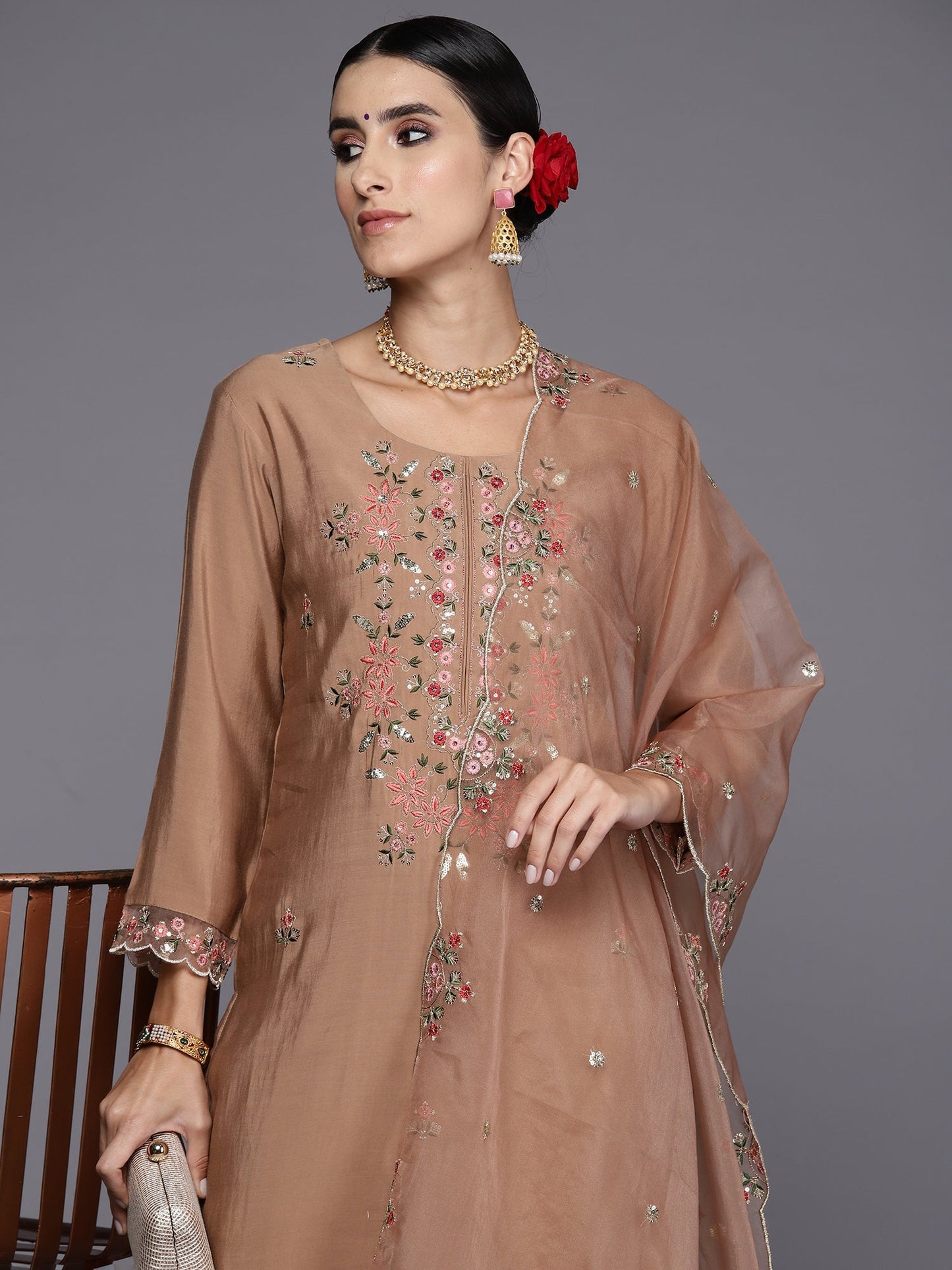 Brown Embroidered Straight Kurta Trousers With Dupatta Set