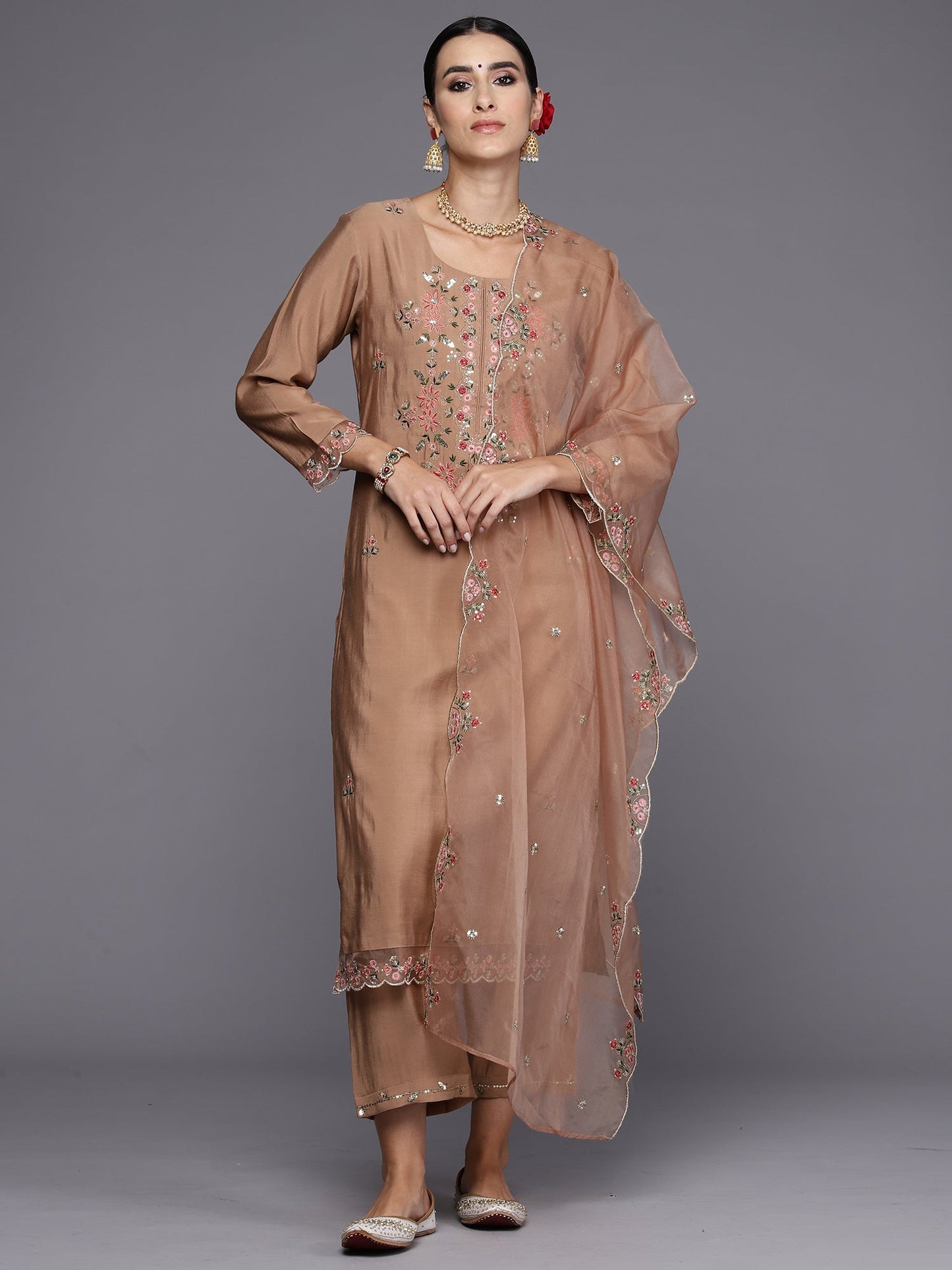 Brown Embroidered Straight Kurta Trousers With Dupatta Set