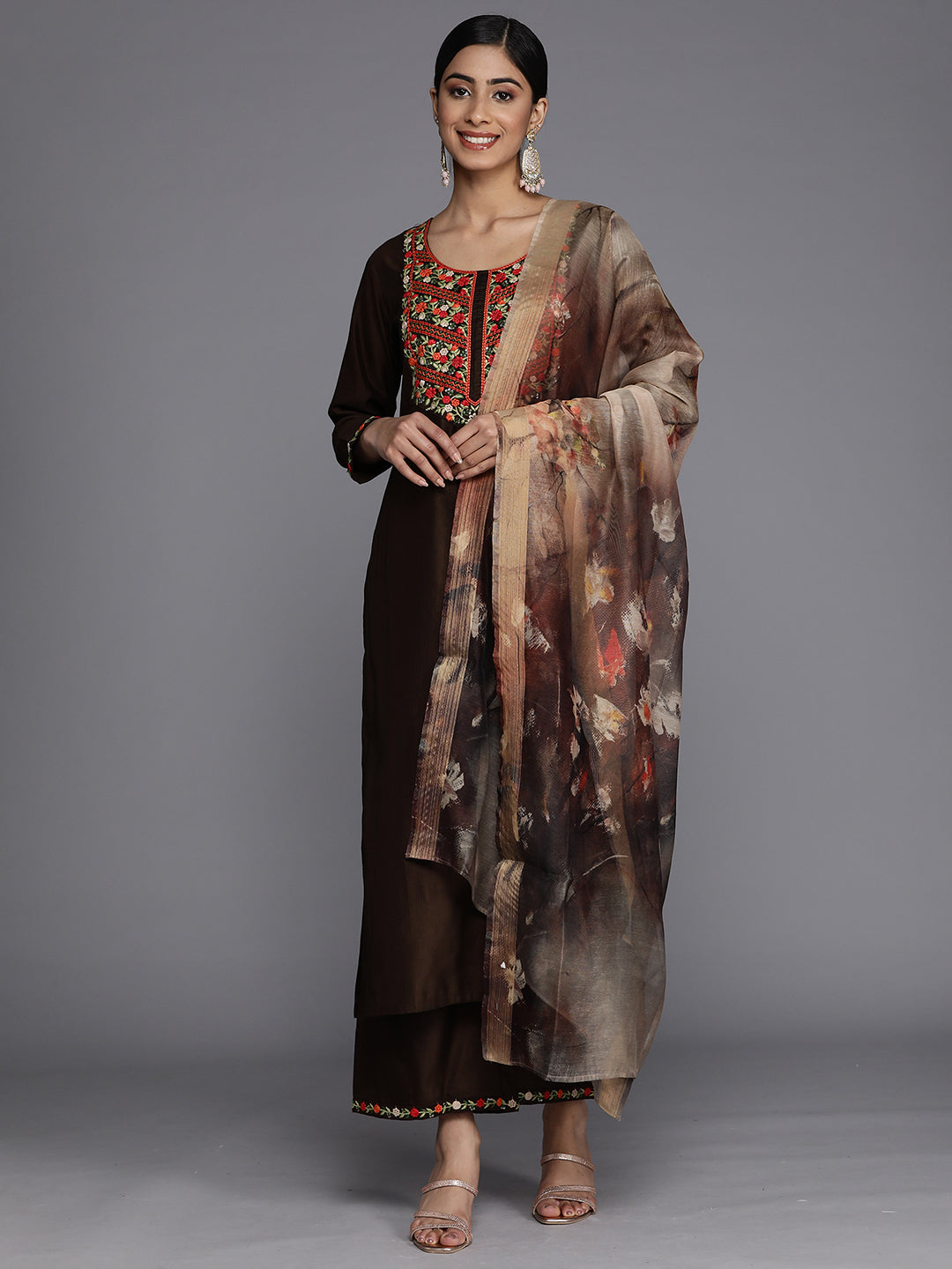 Indo Era Brown Embroidered Straight Kurta Palazzos With Dupatta Set
