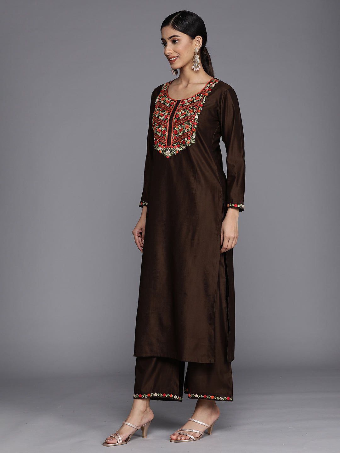Indo Era Brown Embroidered Straight Kurta Palazzos With Dupatta Set
