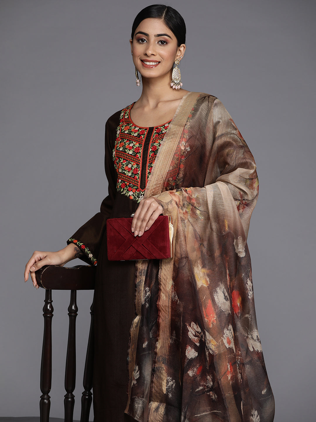 Indo Era Brown Embroidered Straight Kurta Palazzos With Dupatta Set
