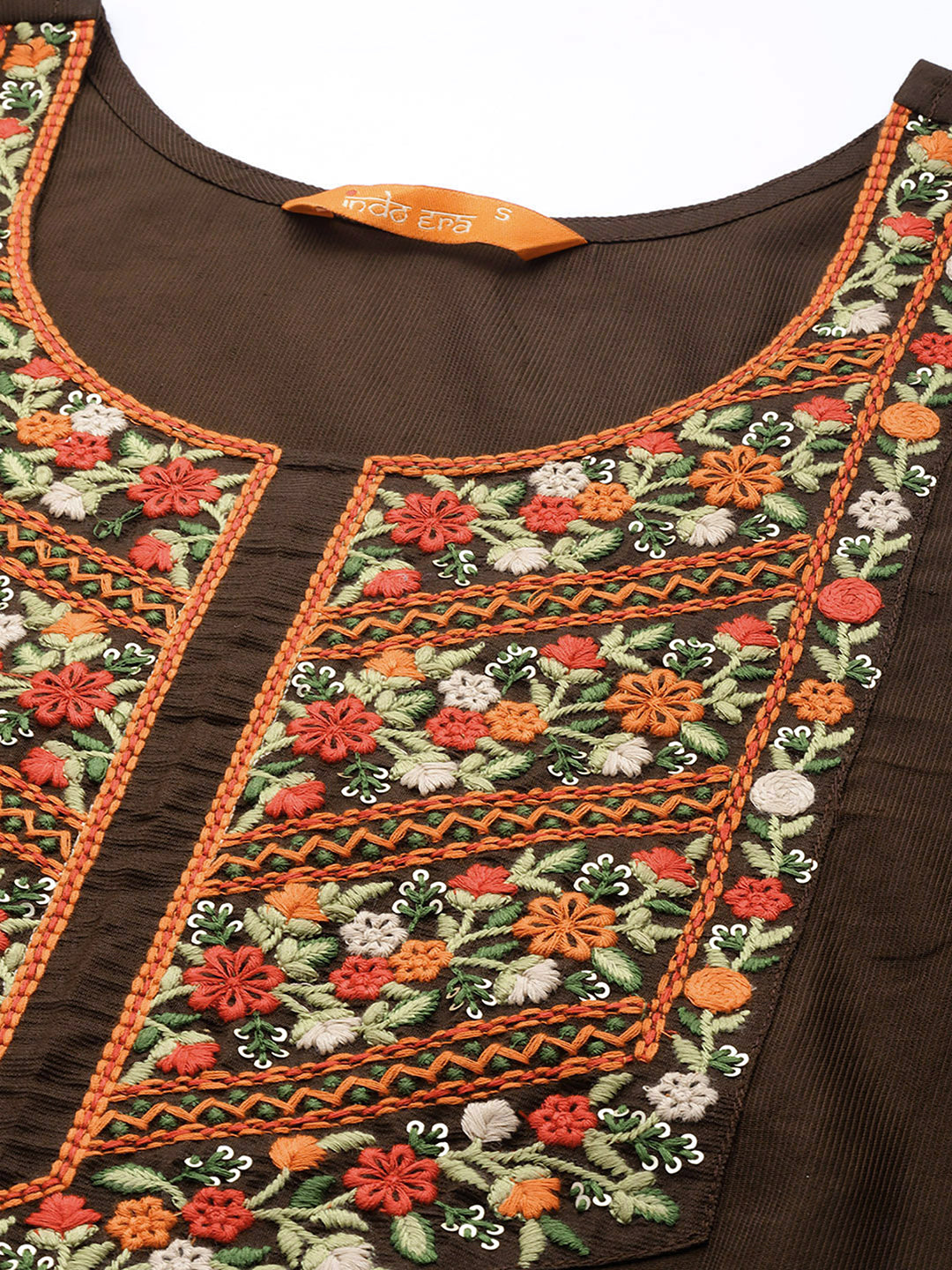 Indo Era Brown Embroidered Straight Kurta Palazzos With Dupatta Set