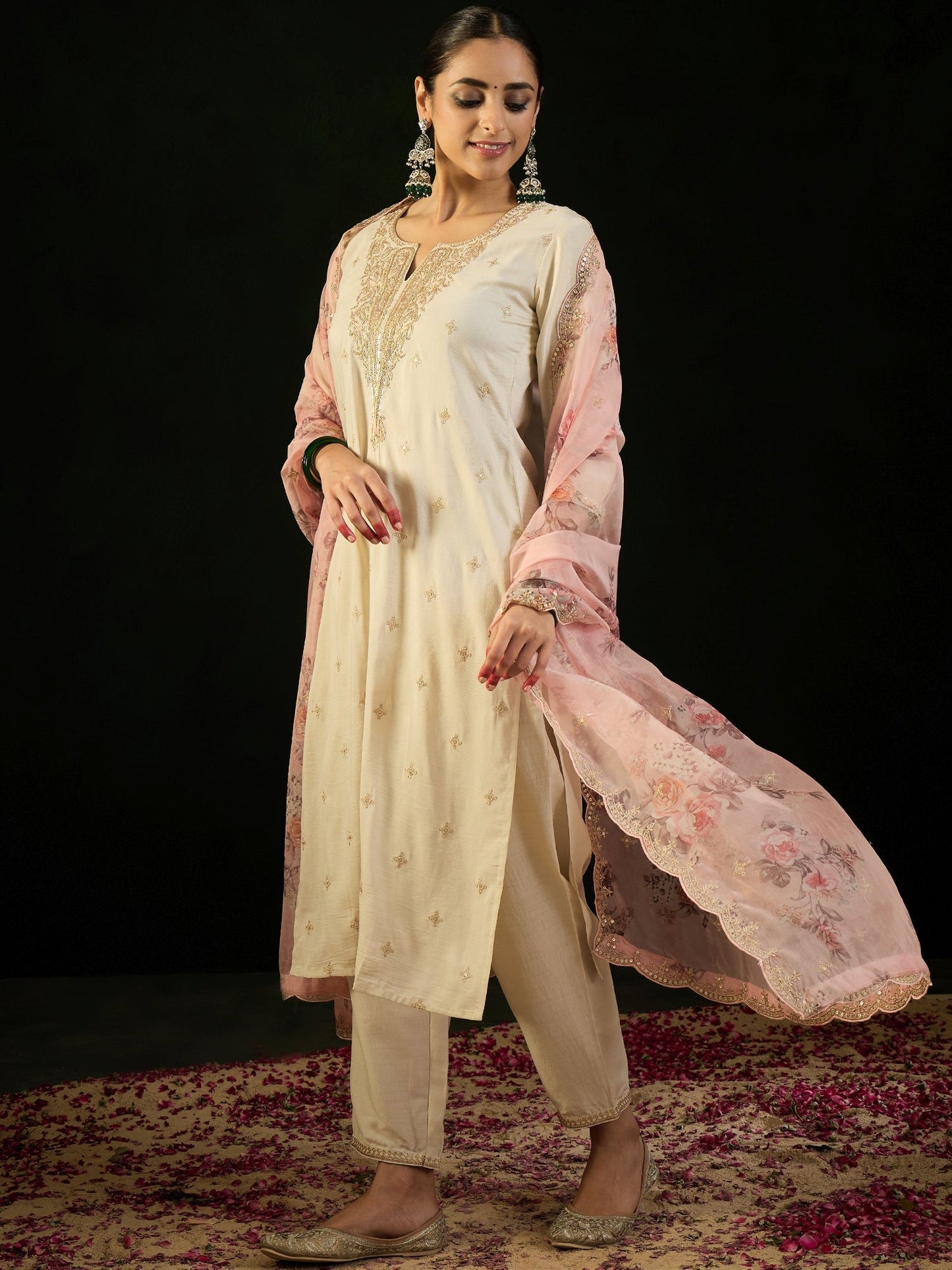 Cream Embroidered Straight Kurta Trousers With Dupatta set