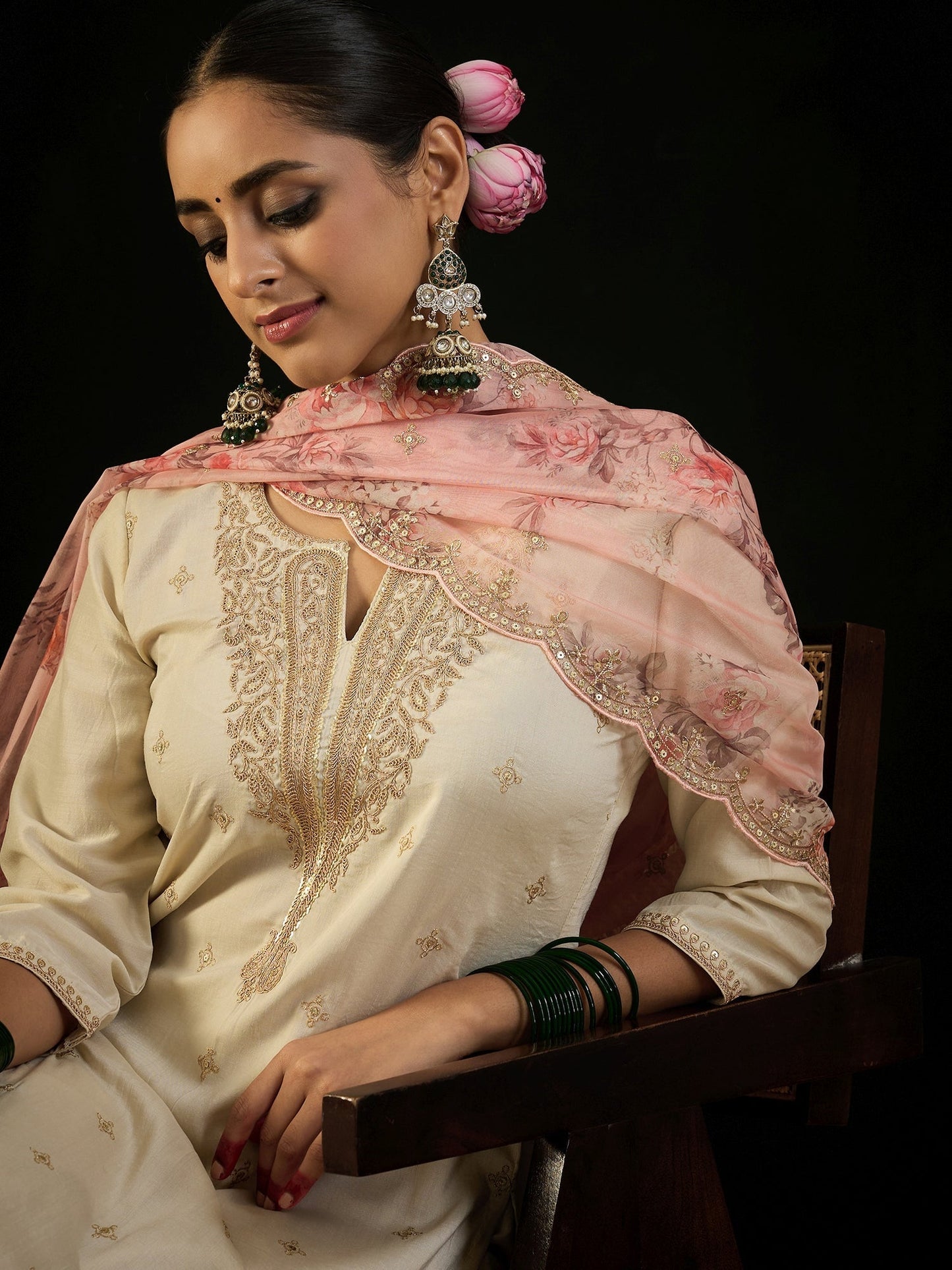 Cream Embroidered Straight Kurta Trousers With Dupatta set