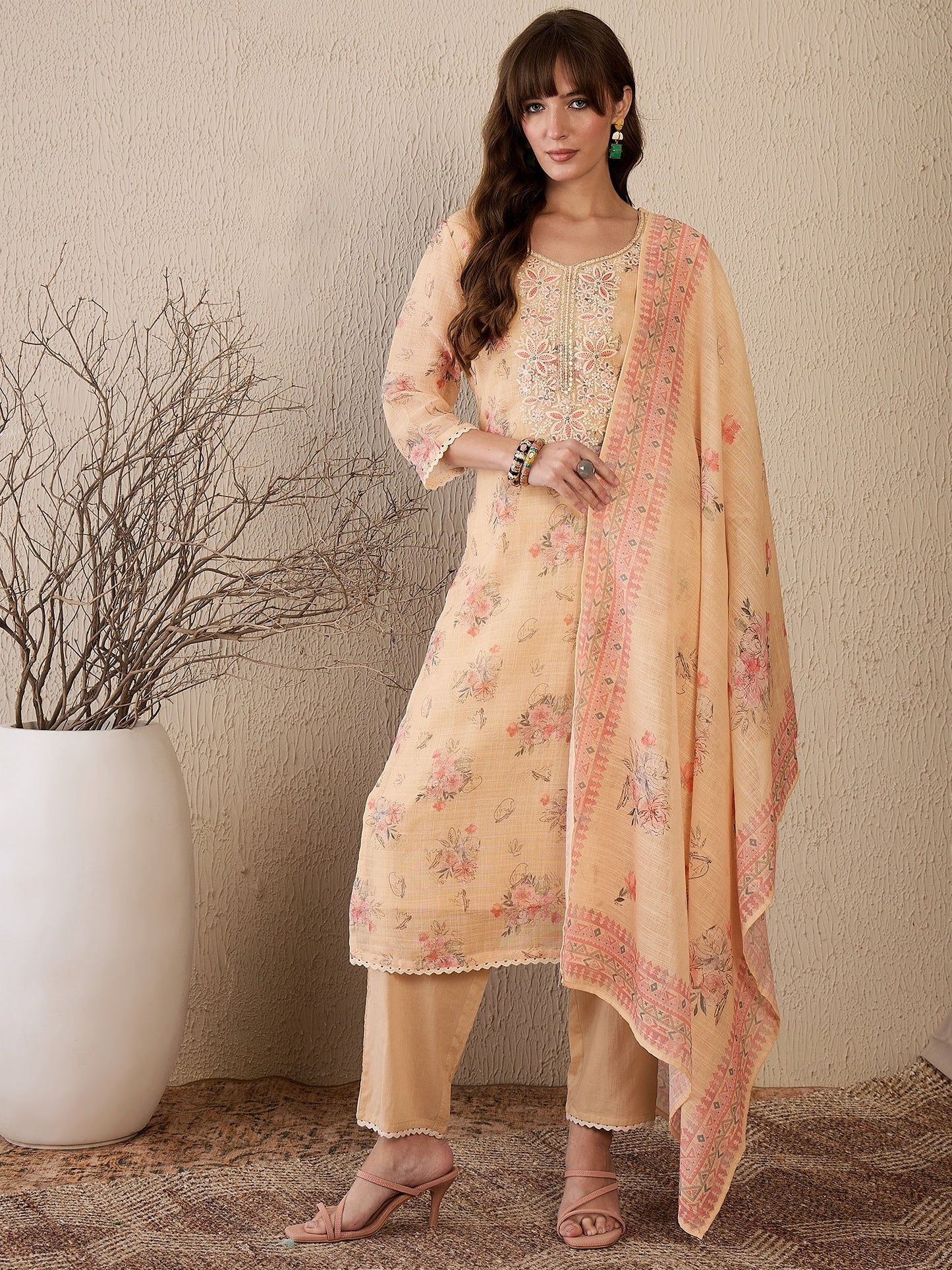 Indo Era Cream Embroidered Straight Kurta Trousers With Dupatta Set