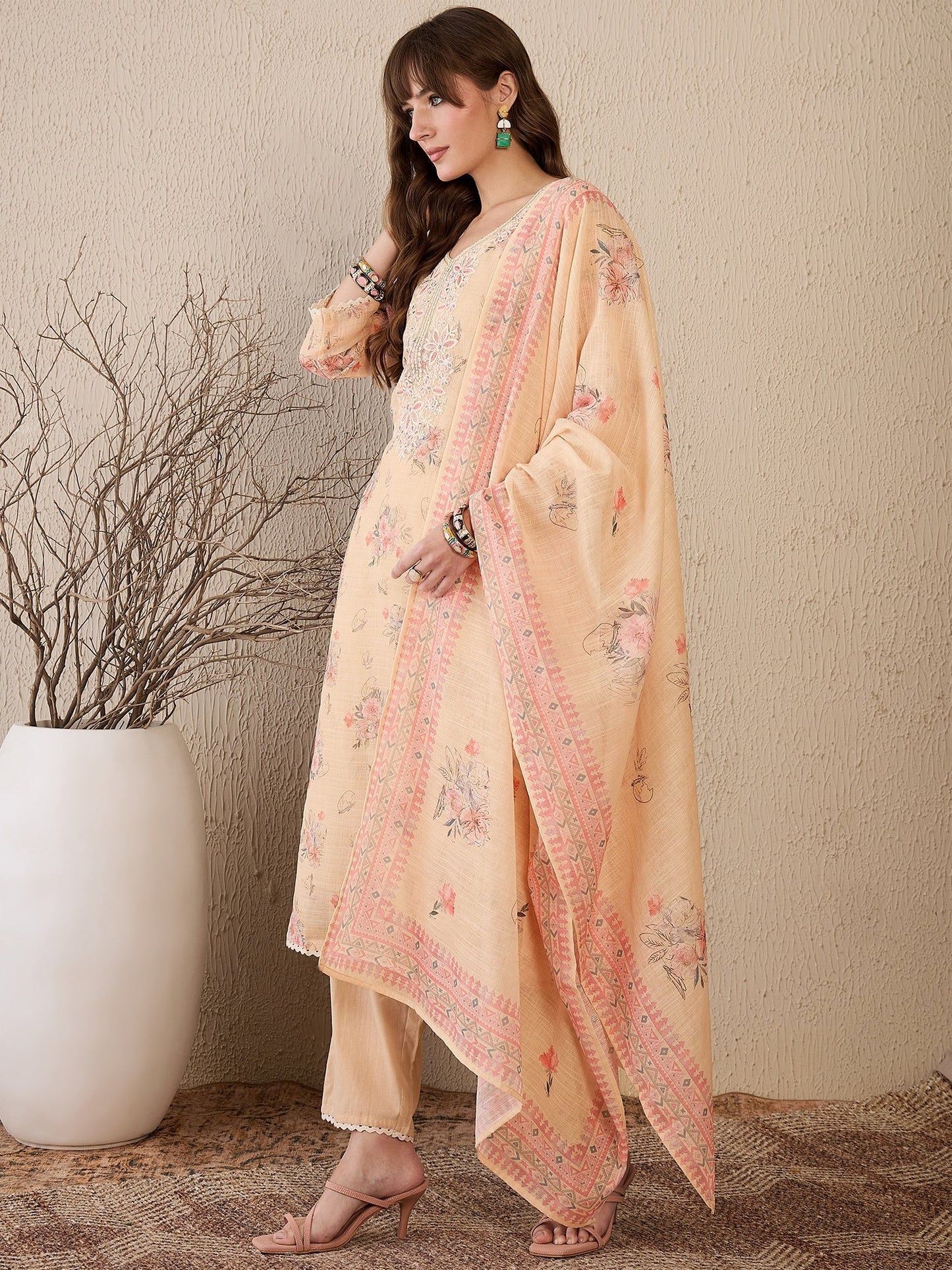 Indo Era Cream Embroidered Straight Kurta Trousers With Dupatta Set